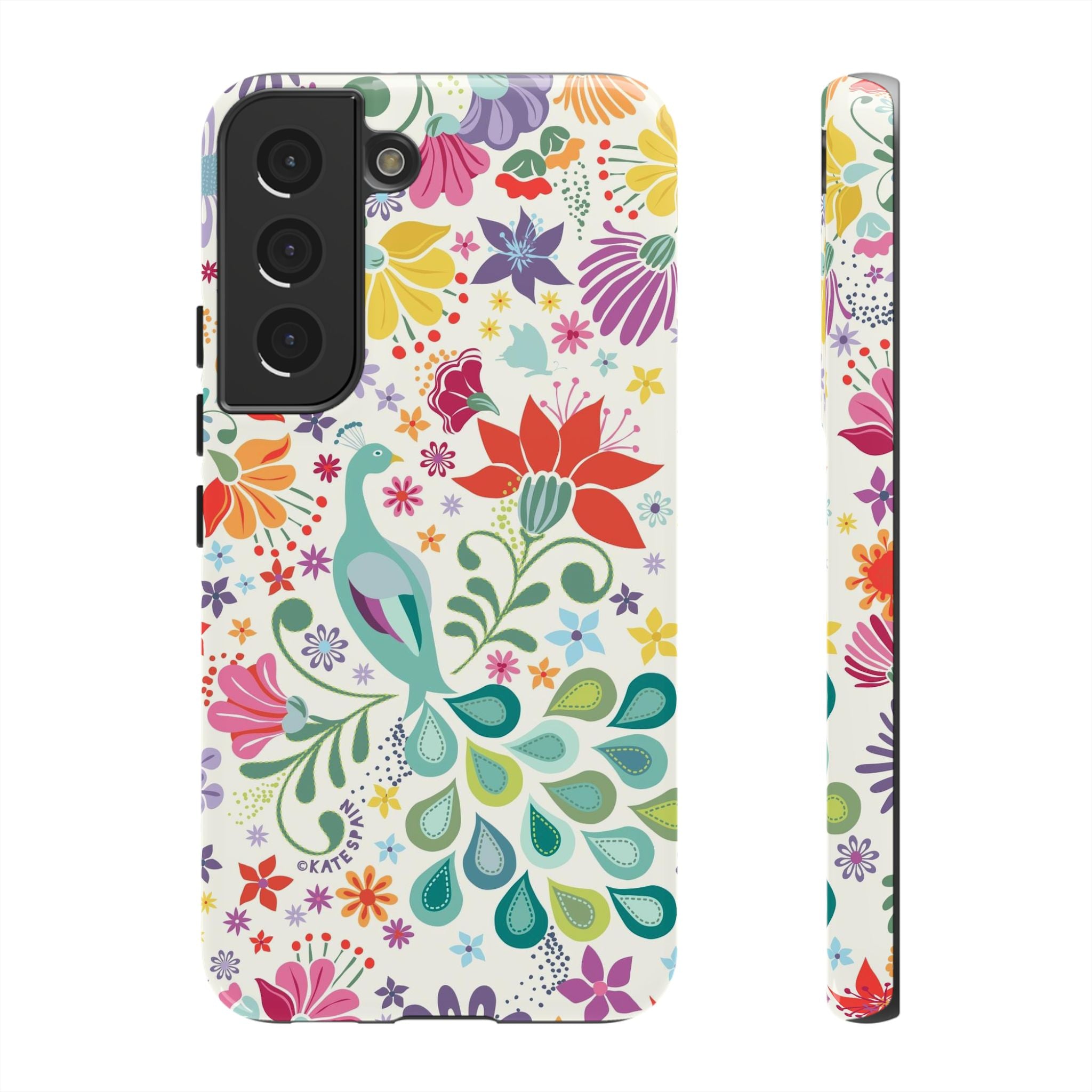 Luxury Peacock Sanctuary Samsung Galaxy S22 Case – Glossy | white, teal, coral multicolor vibrant peacock feather botanical print