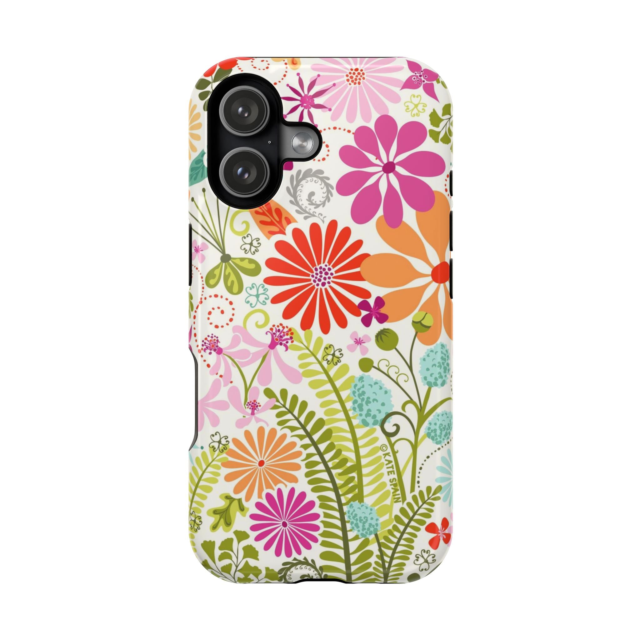 Luxury Terrain MagSafe iPhone 17 Case – Glossy | white, magenta, coral botanical woodland floral print