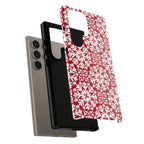 Flurry Samsung Galaxy S24 Ultra Case – detail view of layered construction | white, red geometric snowflake tile print