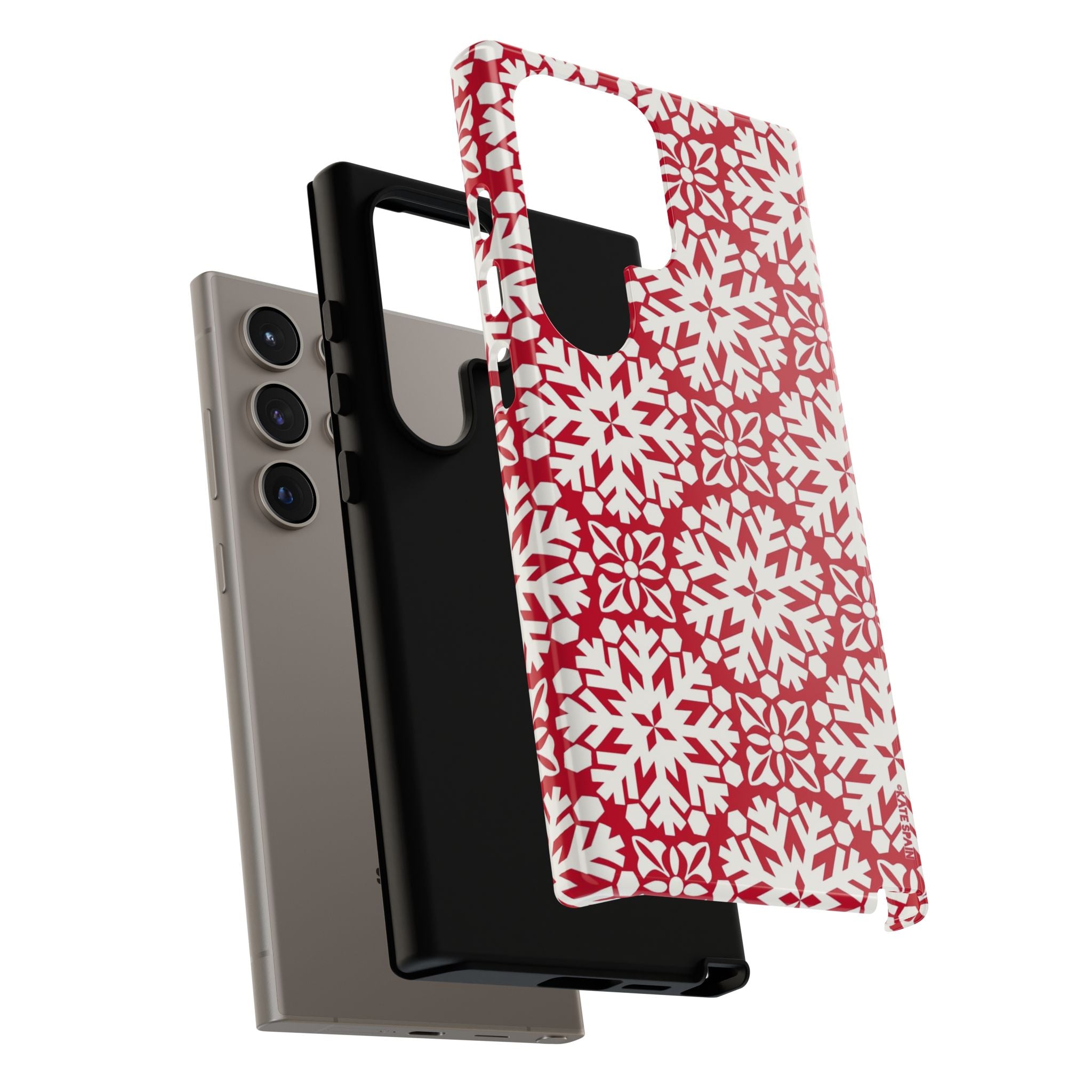 Flurry Samsung Galaxy S24 Ultra Case – detail view of layered construction | white, red geometric snowflake tile print
