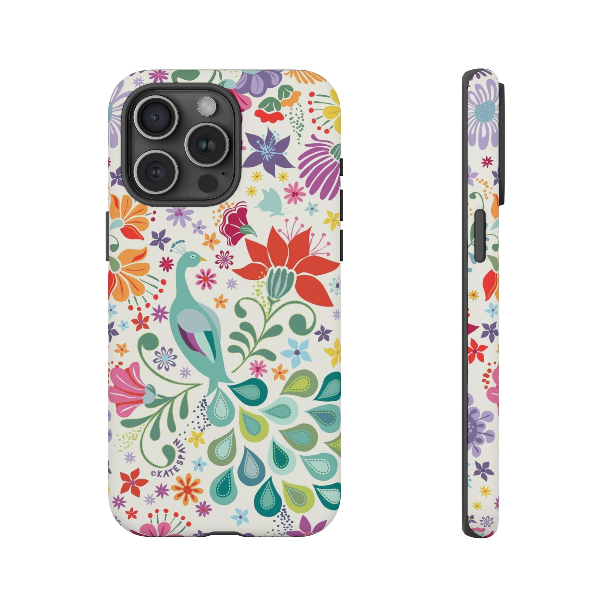 Peacock Sanctuary Tough iPhone 15 Pro Max Case – Matte | white, teal, coral multicolor vibrant peacock feather botanical print