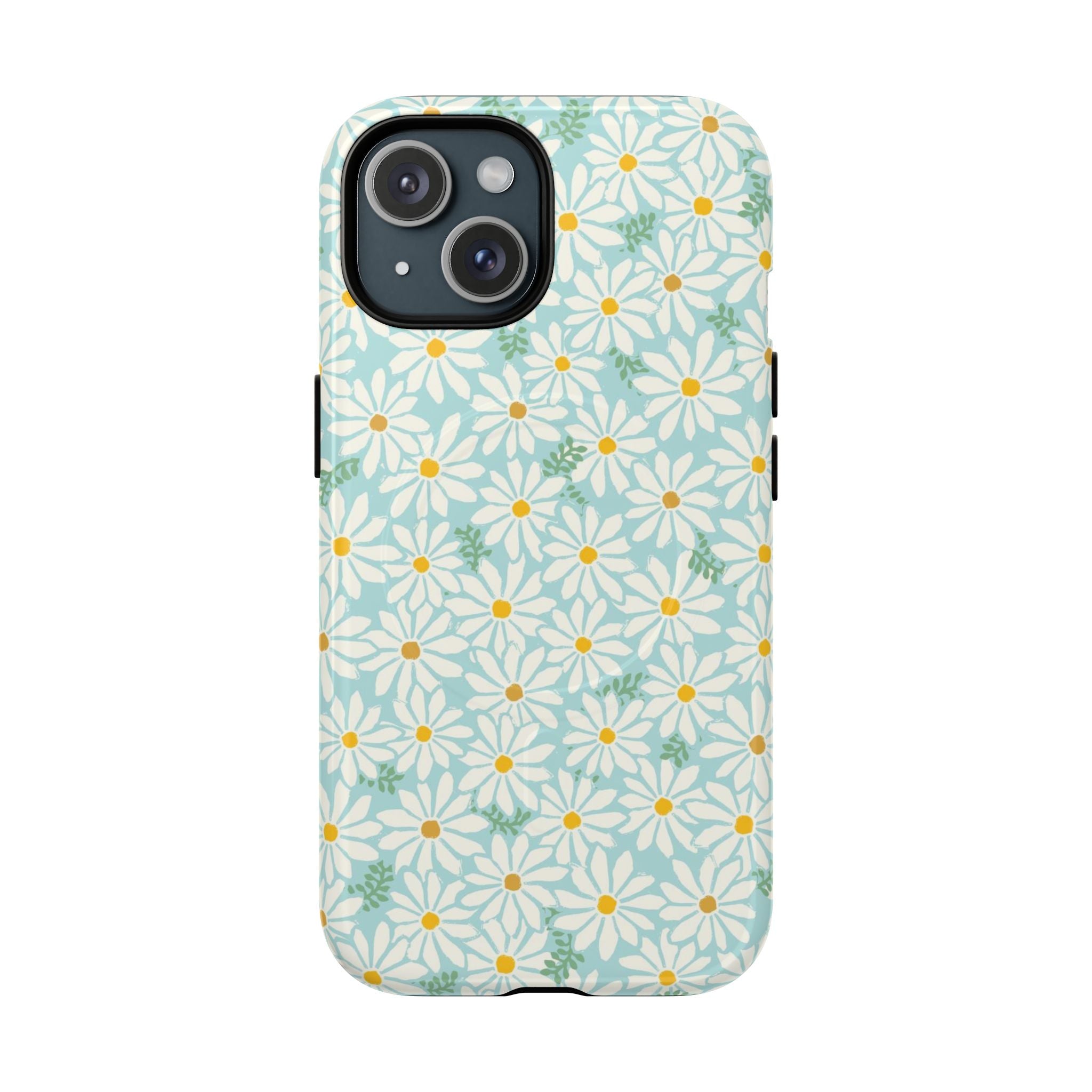 Daisies MagSafe iPhone 15 Case – Glossy | sky blue, white daisy print, golden yellow centers, mint green leaves MagSafe compatible, dual-layer protection
