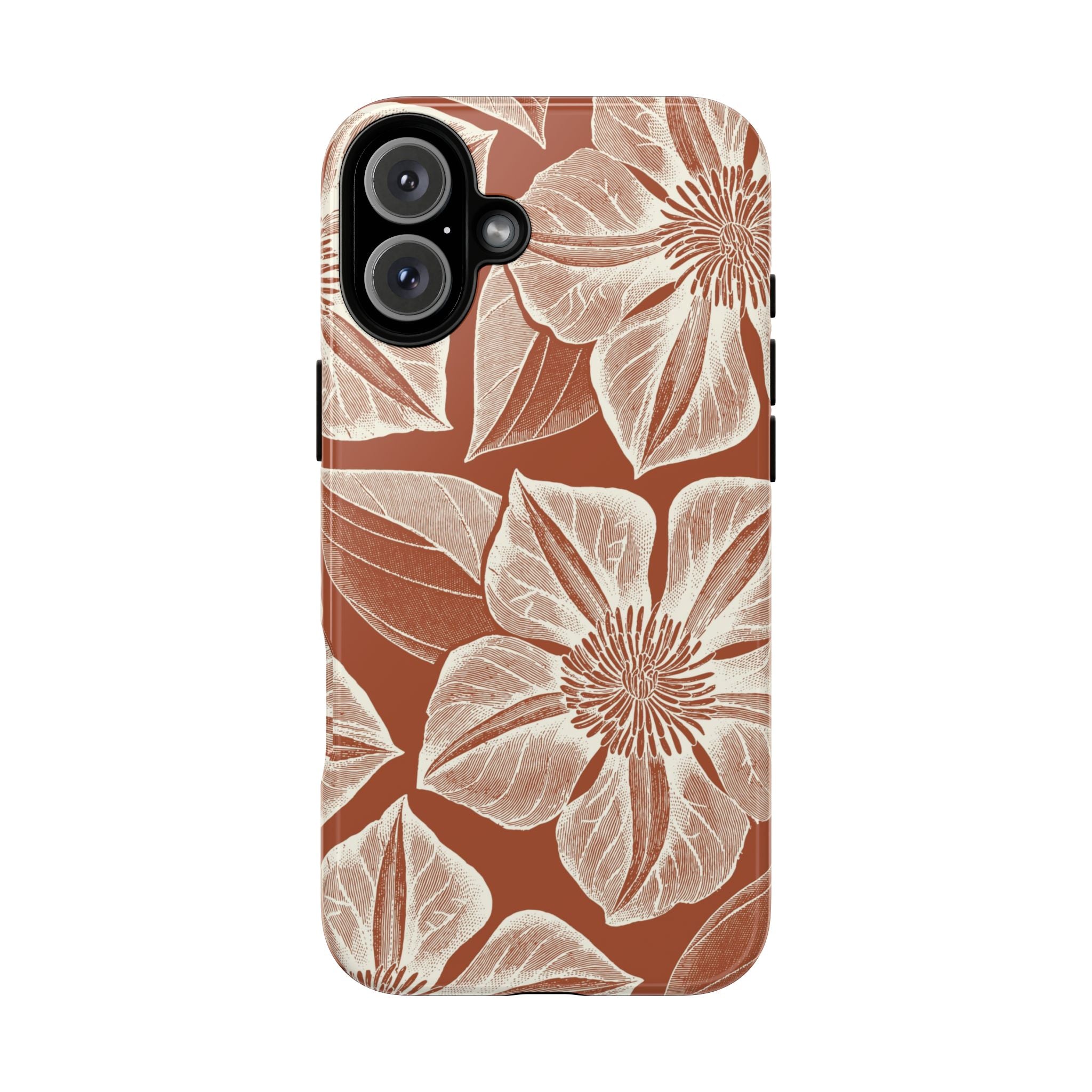 Vintage Bloom Sienna iPhone 16 Plus case – Glossy | sienna ground, large-scale cream clematis print, engraved petal detail, dual-layer protection