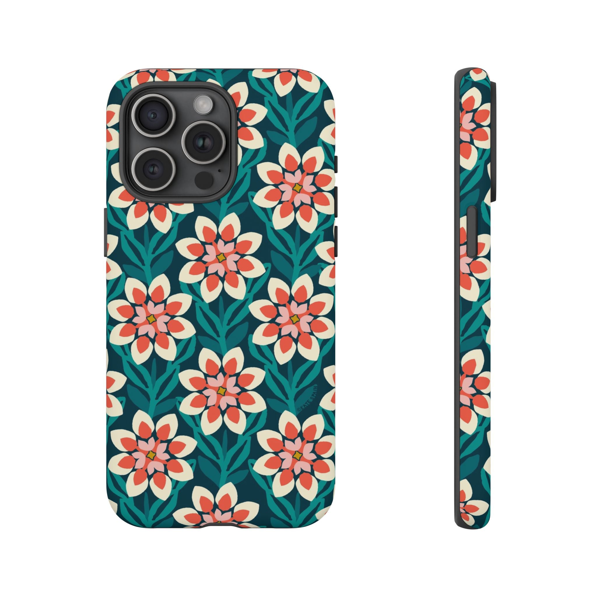 Modern Dahlia Tough iPhone 15 Pro Max Case – Matte  | teal, coral, cream geometric dahlia floral print