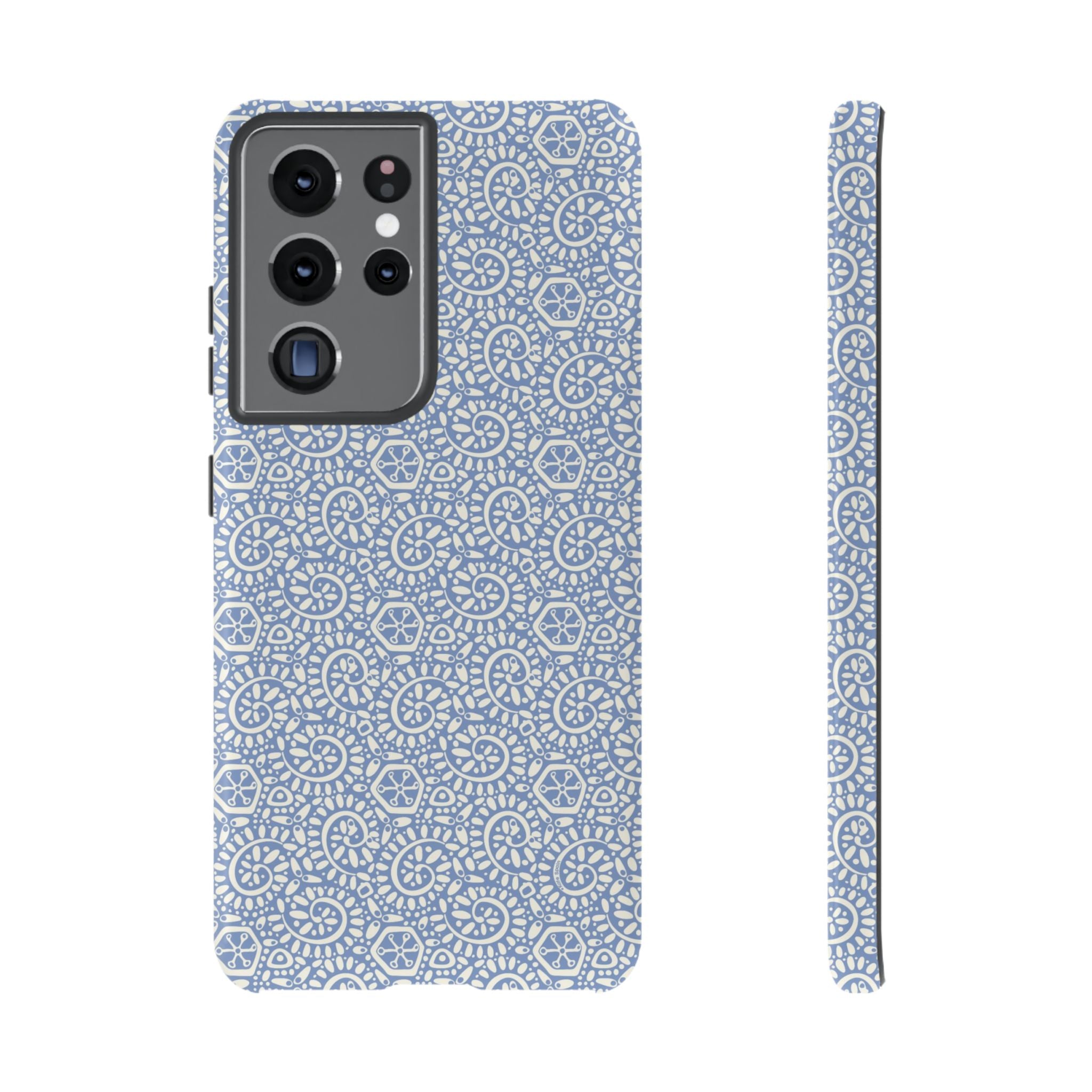 Canto Swirls Mist Samsung Galaxy S21 Ultra Glossy Case — periwinkle blue hard case covered in an intricate folk-art medallion pattern of radiating white circular motifs, dot clusters, and geometric centers