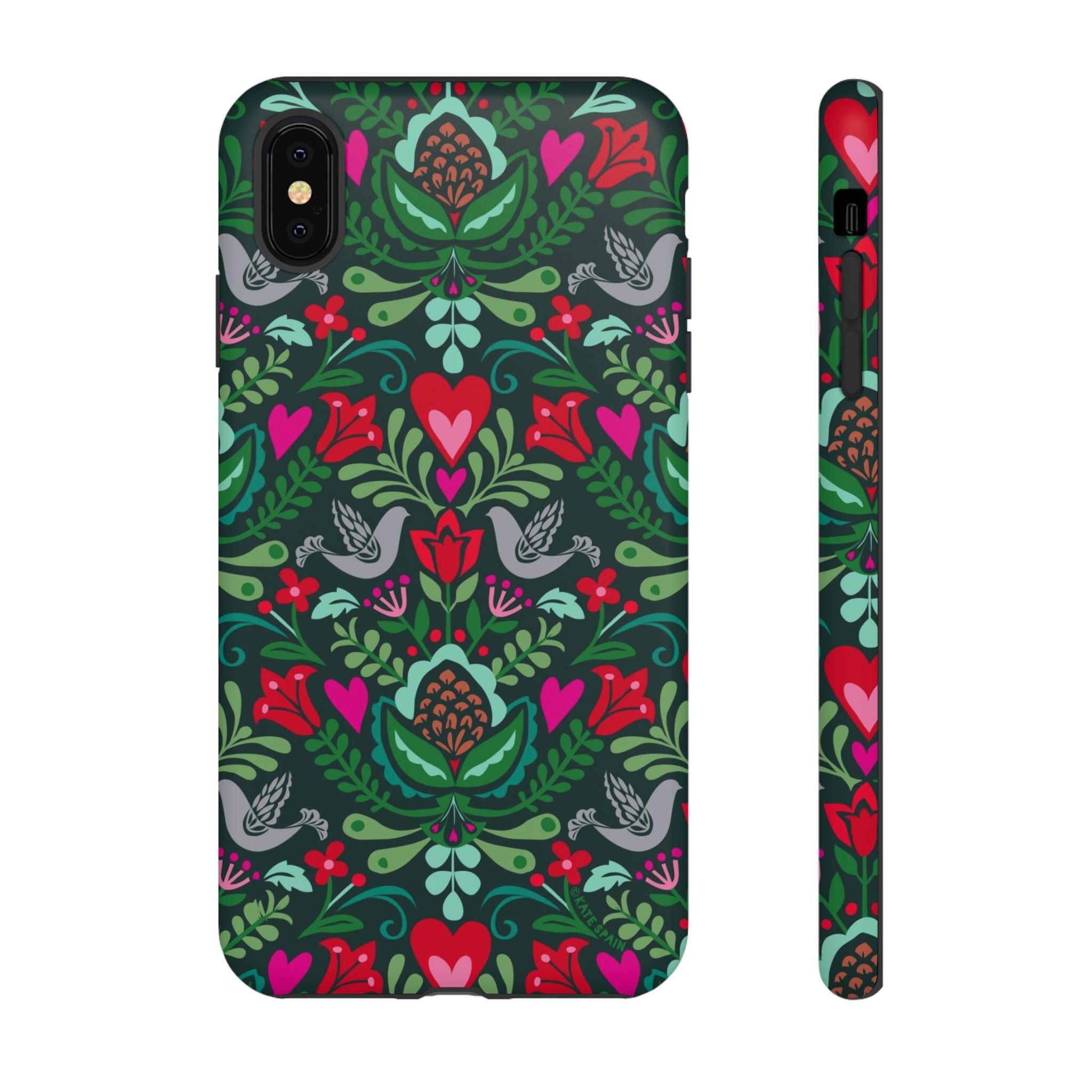 Rosemaling Tough iPhone XS Max Case – Matte | dark green, red, pink, gray folk art floral bird print