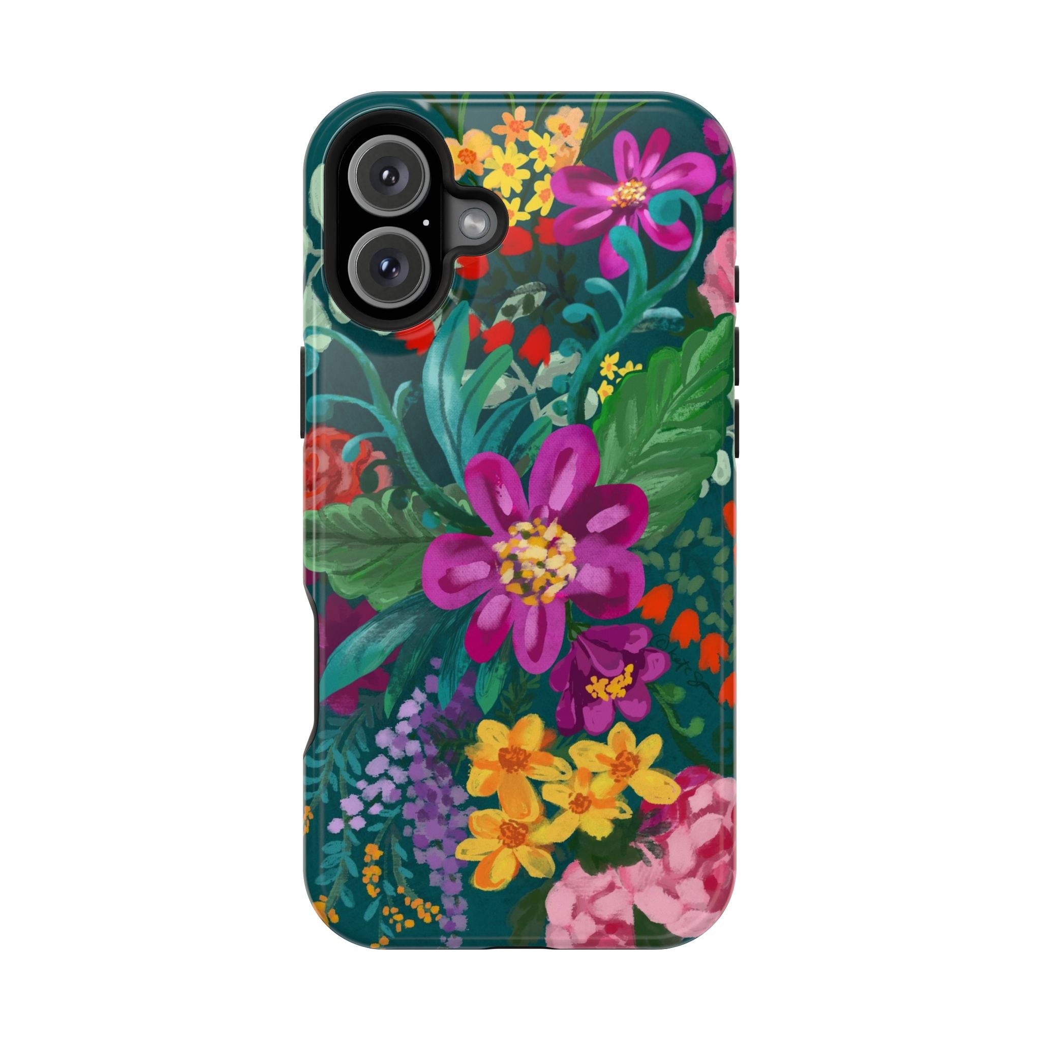 Posy MagSafe iPhone 16 Plus Case – Glossy | teal, magenta, yellow, pink vibrant botanical floral print