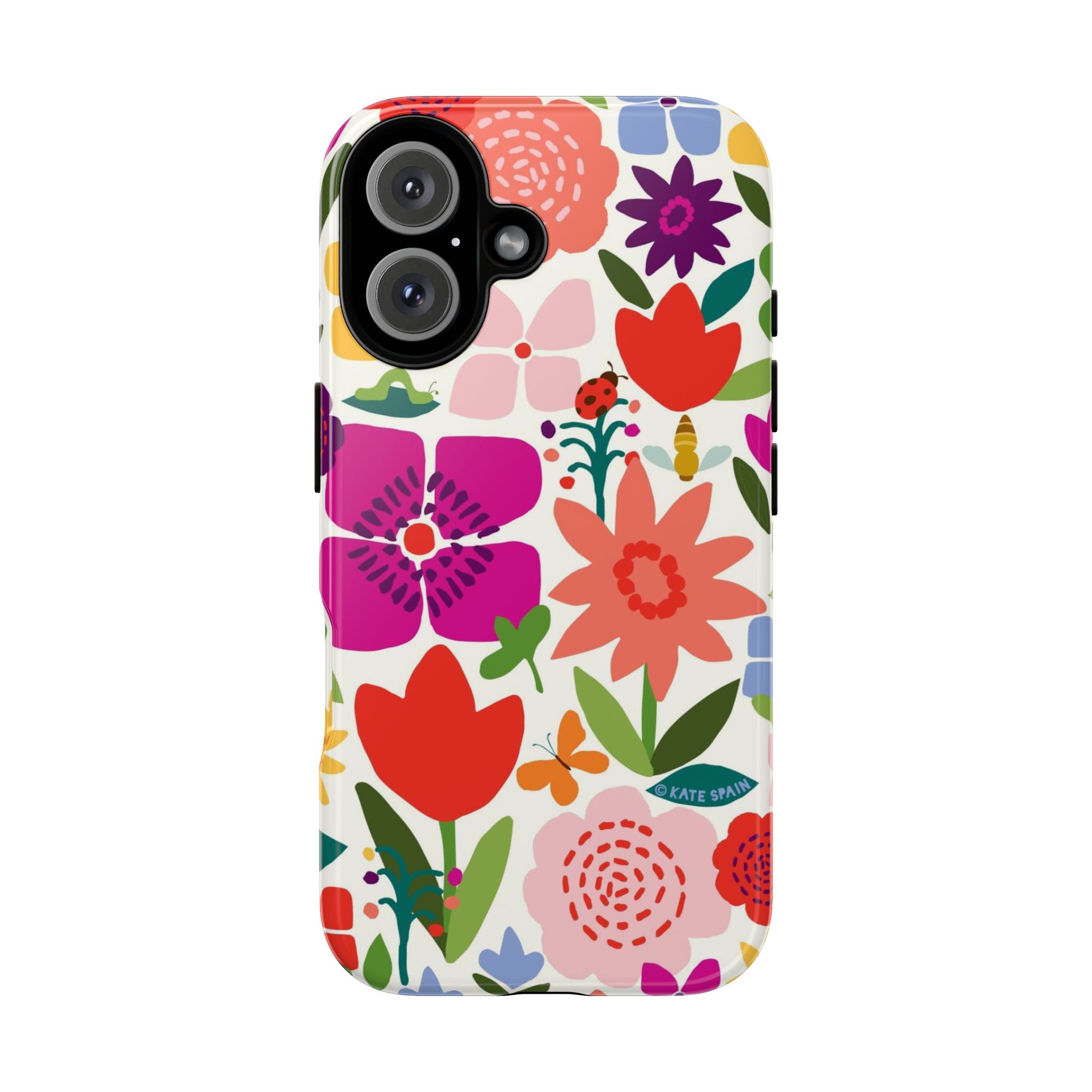Happy Blooms Tough iPhone 16 Case – Glossy | cream, red, magenta, coral botanical floral print