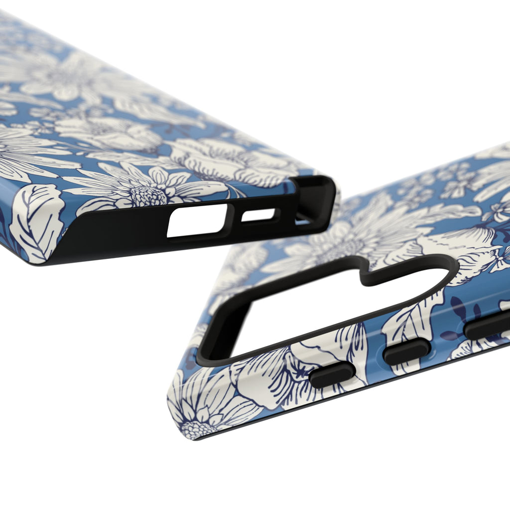 Luxury Jardin Samsung Galaxy S24 Ultra Case – Glossy | close-up of sides of case in steel blue, white botanical daisy floral print
