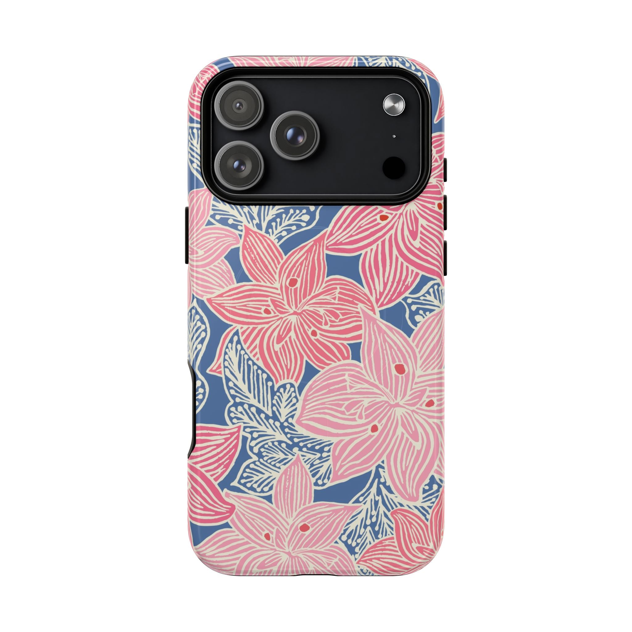 Hibiscus Lagoon MagSafe iPhone 17 Pro Max Case – Glossy | coral, blush, cream, dusty blue hibiscus botanical print