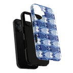 Catch of the Day MagSafe iPhone 17 Case – Dual-layered view of case and inner lining in front of phone, with view of camera cutout and buttons | navy, blue, white geometric fish print