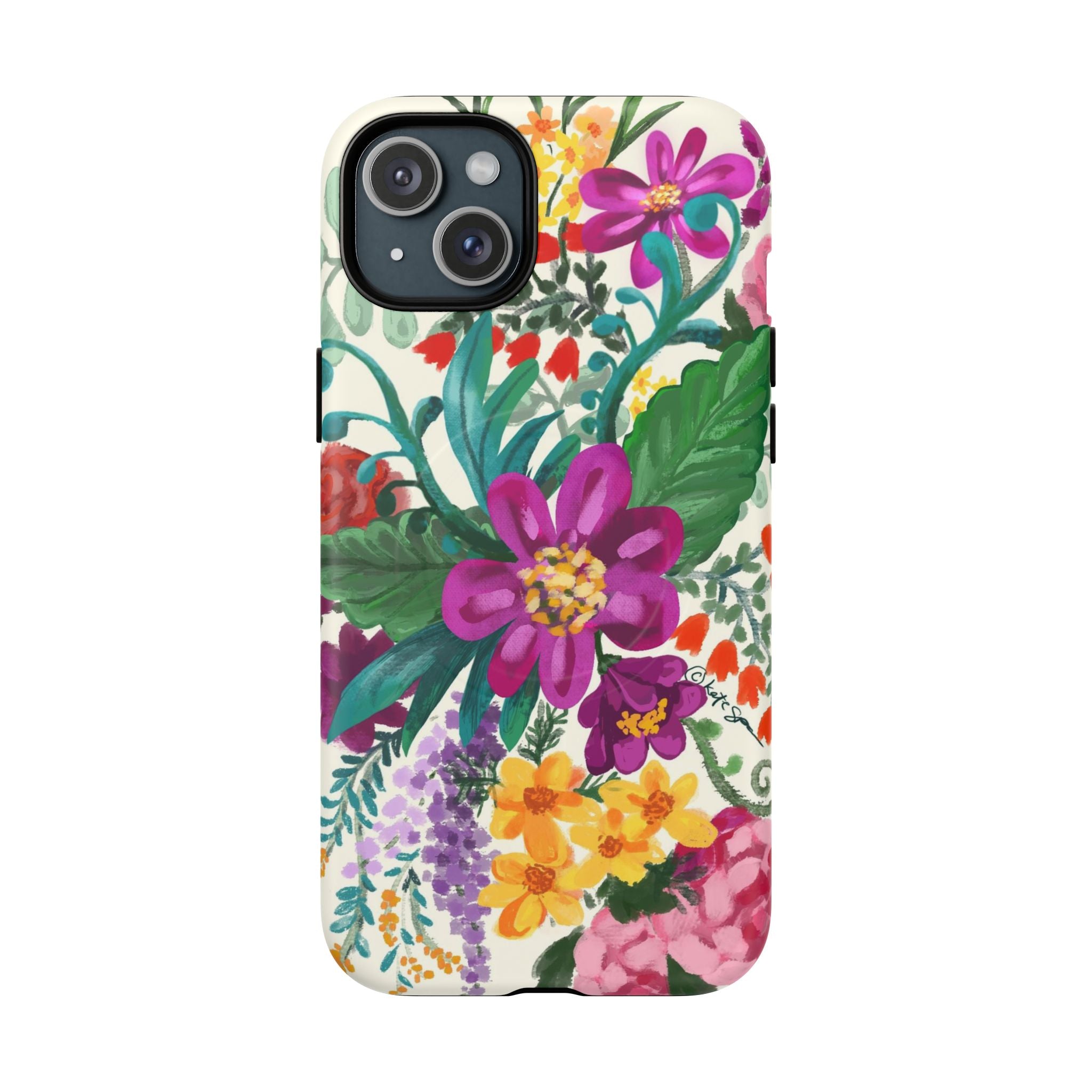 Posy MagSafe iPhone 15 Plus Case – Matte | cream, magenta, coral botanical floral print