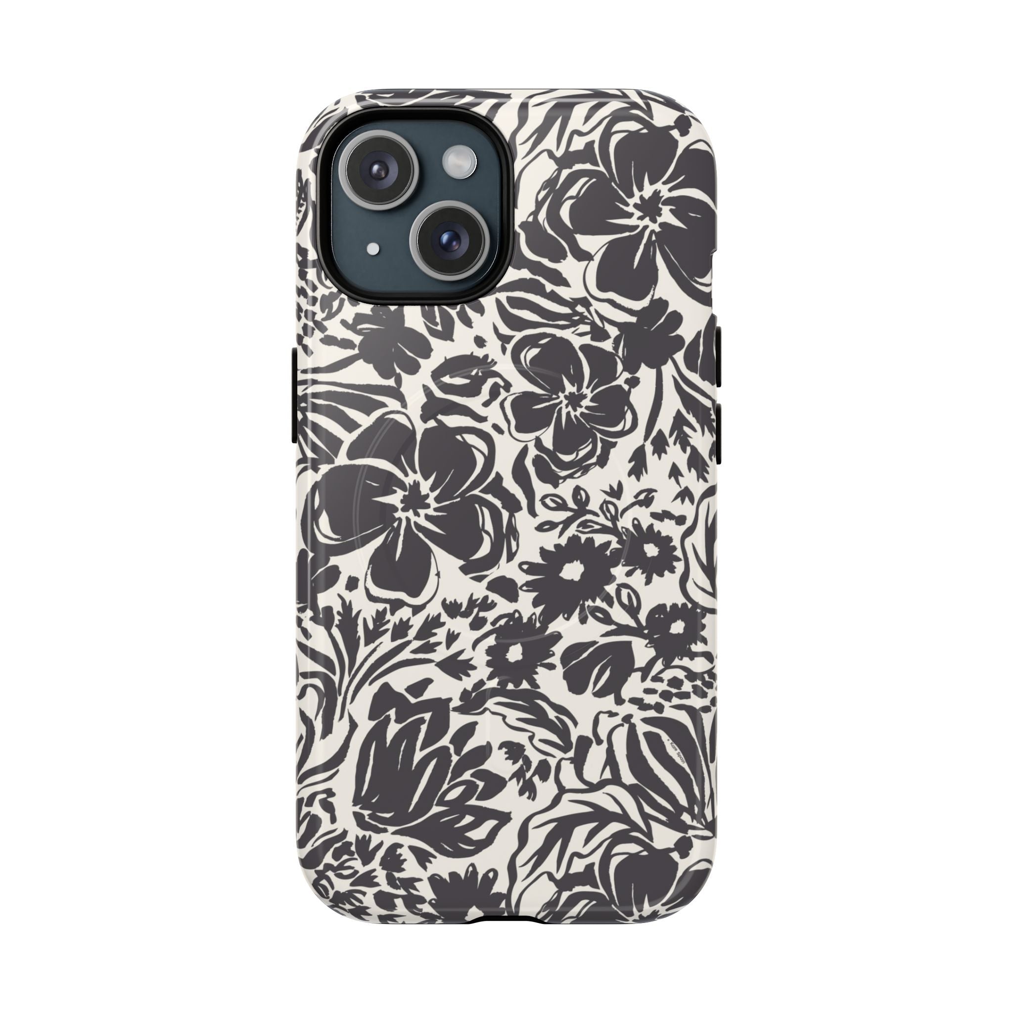 Rhapsody Black MagSafe iPhone 15 Glossy case — bold charcoal floral print on cream by Kate Spain