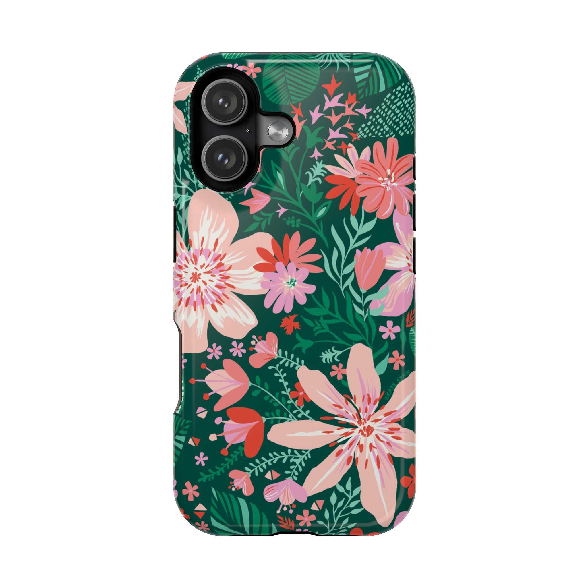 Bonaire MagSafe iPhone 17 Case – Glossy | forest green, blush, coral tropical floral print