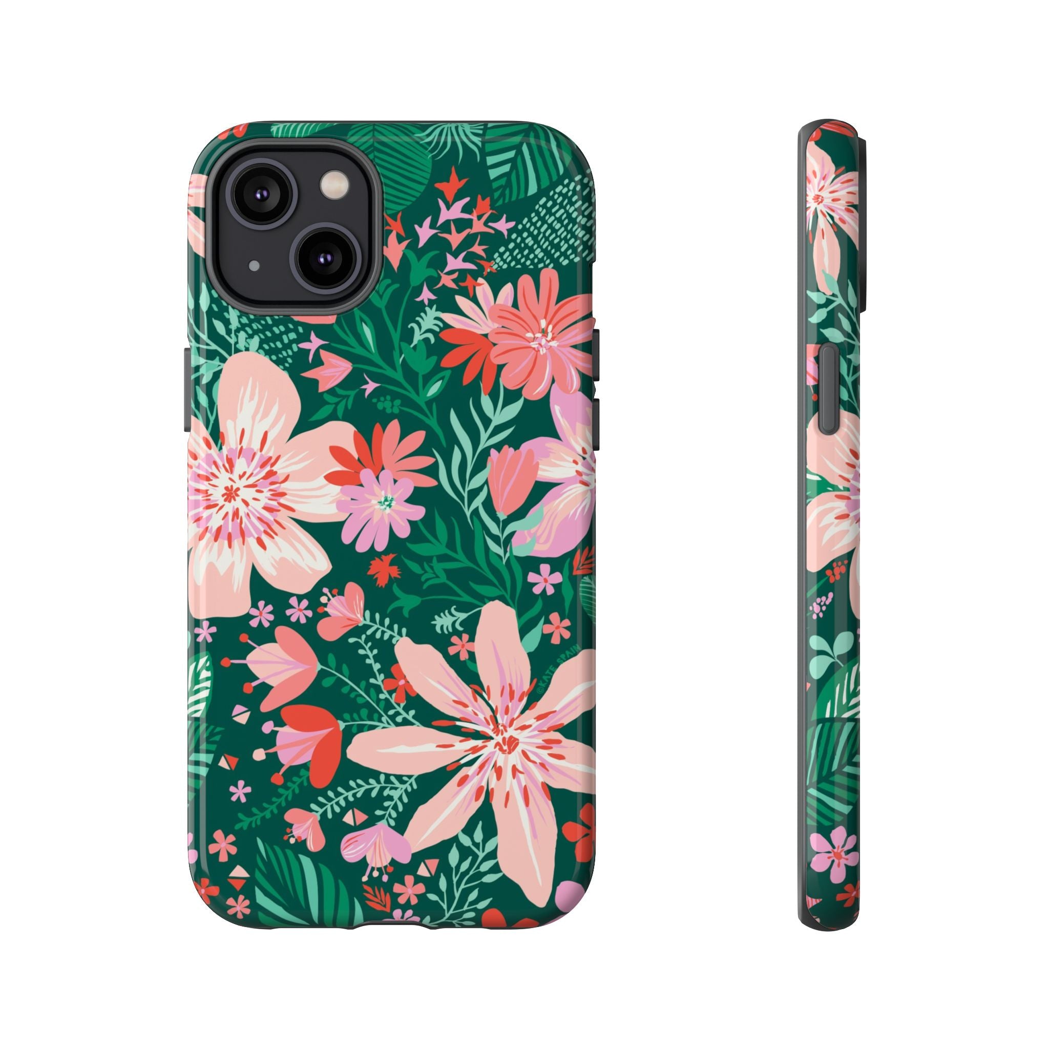 Bonaire Tough iPhone 14 Plus Case – Glossy | jade, pink, white tropical floral botanical print