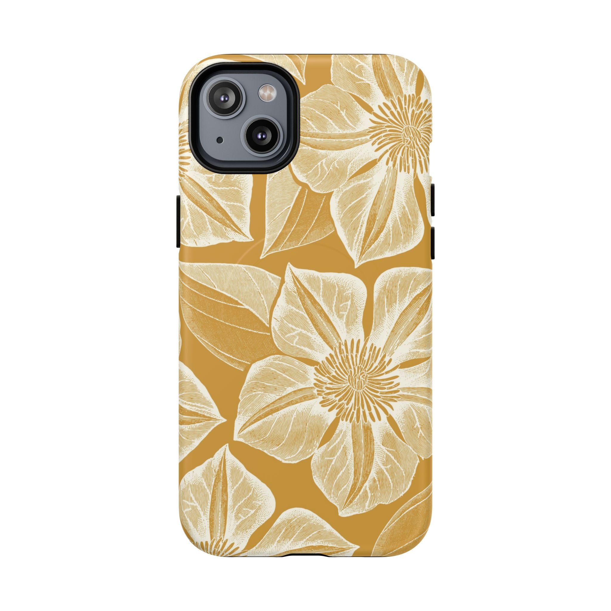 Vintage Bloom Gold MagSafe iPhone 14 Plus Case – Matte | warm gold ground, large-scale cream clematis print, engraved petal detail, dual-layer protection