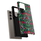 Rosemaling Samsung Galaxy S24 Ultra Case – detail view of layered construction | forest green, red, pink rosemaling floral print