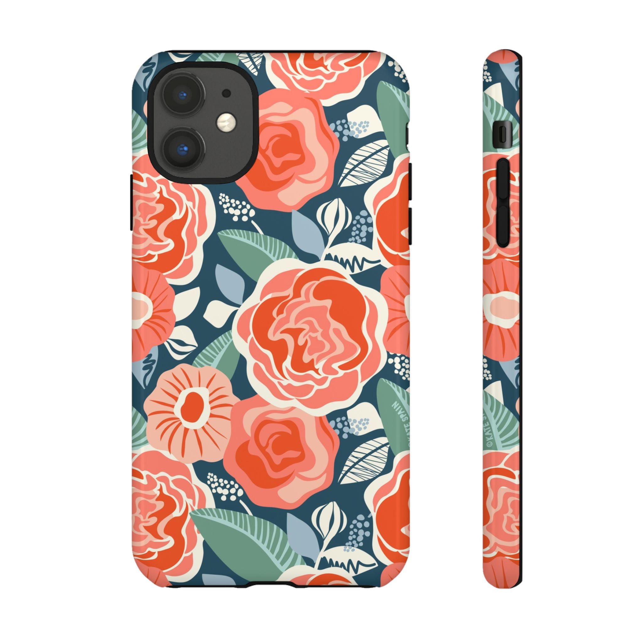 Tea Rose Navy Tough iPhone 11 Case – Matte | navy, coral, pink, cream rose floral print