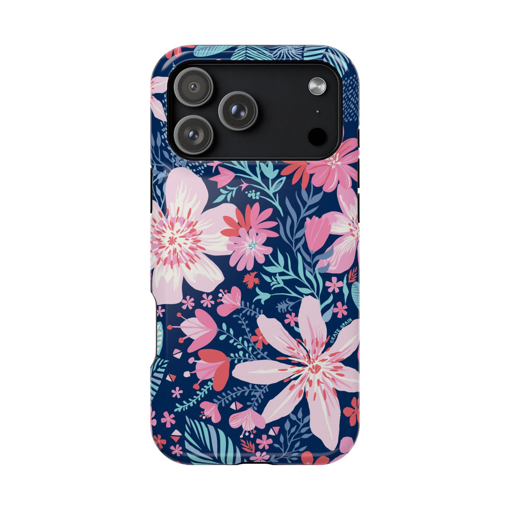 Bonaire MagSafe iPhone 17 Pro Max Case – Glossy | navy, pink, blush tropical floral print