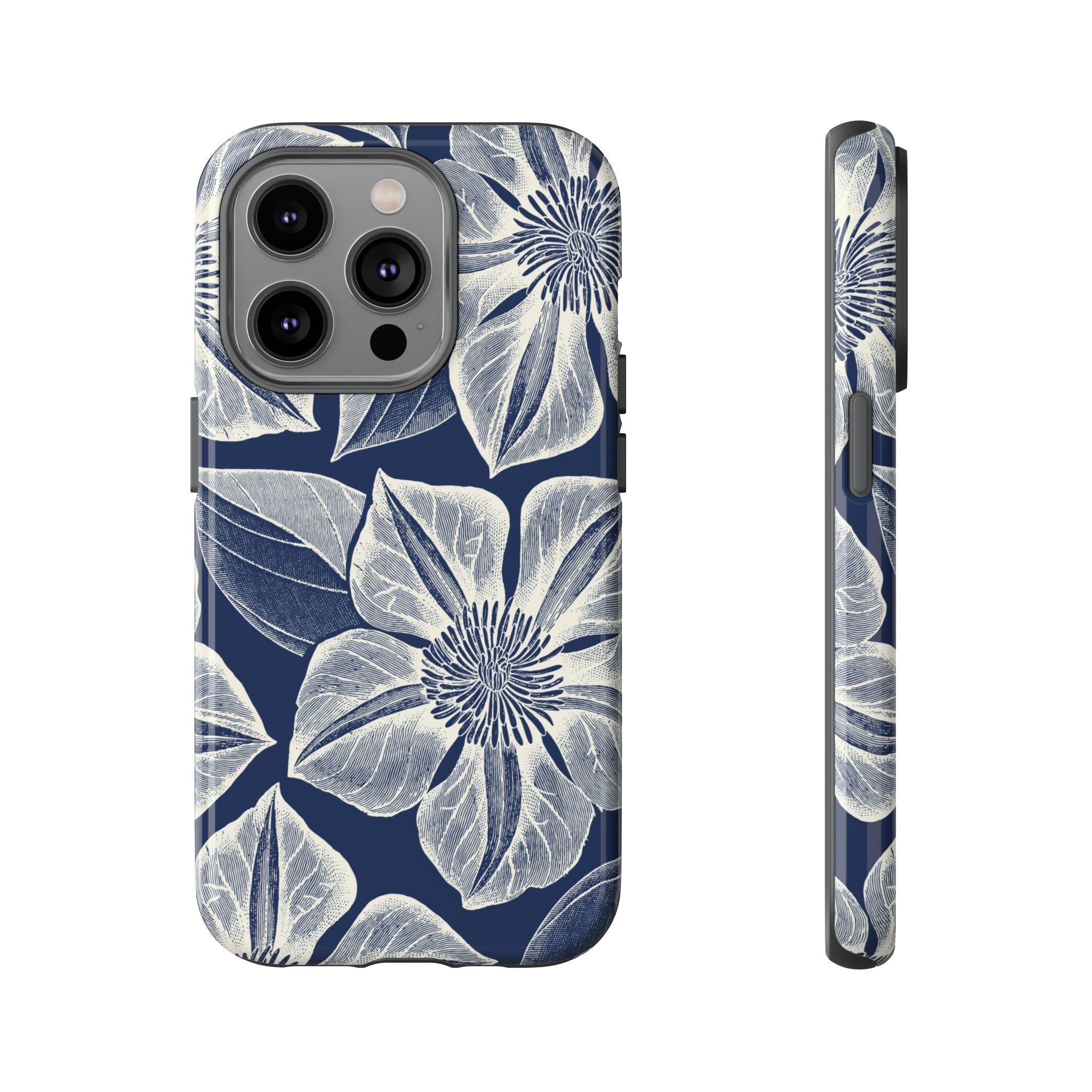 Vintage Bloom Navy iPhone 14 Pro case – Glossy | navy ground, large-scale cream clematis print, engraved petal detail, dual-layer protection