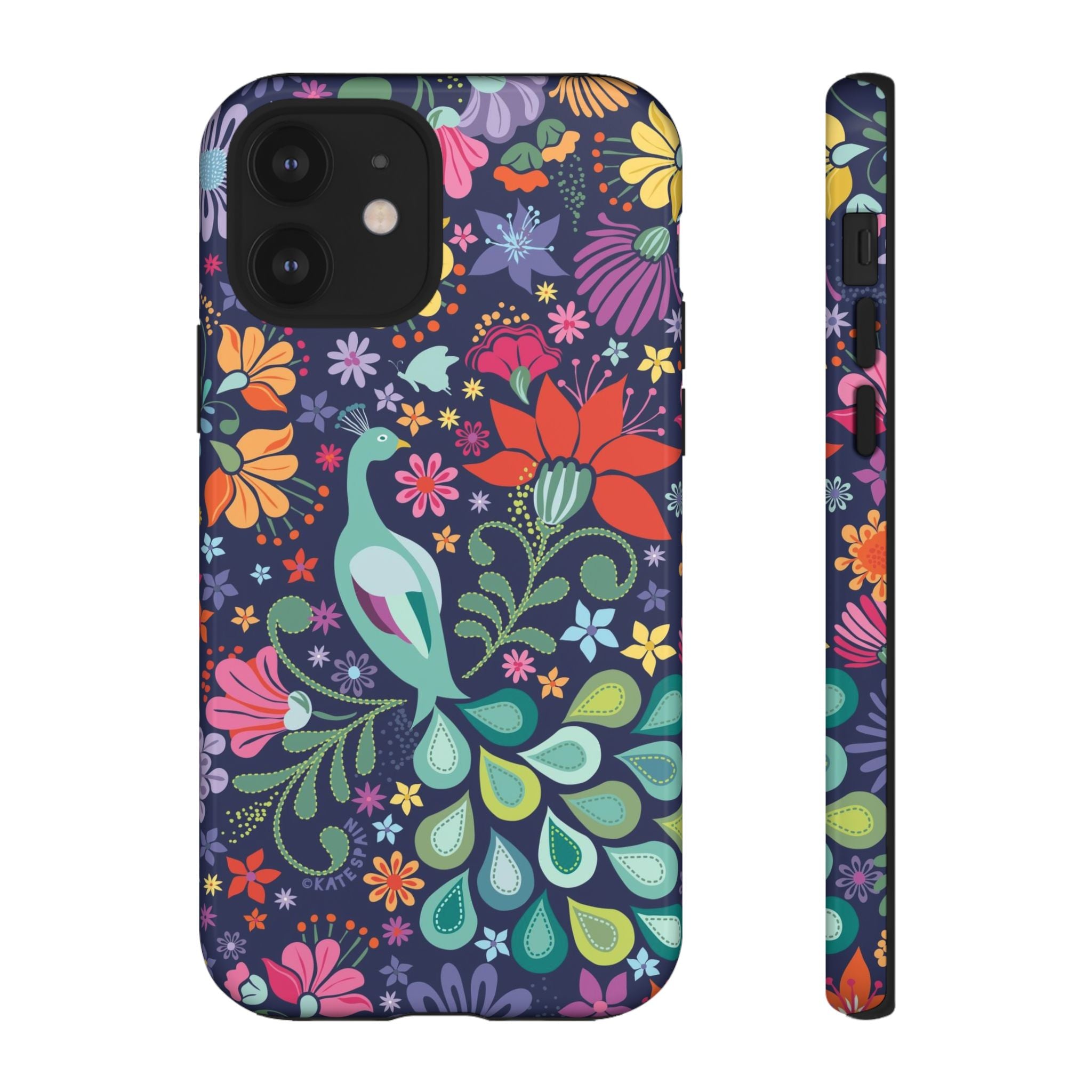 Peacock Sanctuary Tough iPhone 12 Case – Glossy | navy, teal, coral multicolor vibrant peacock feather botanical print