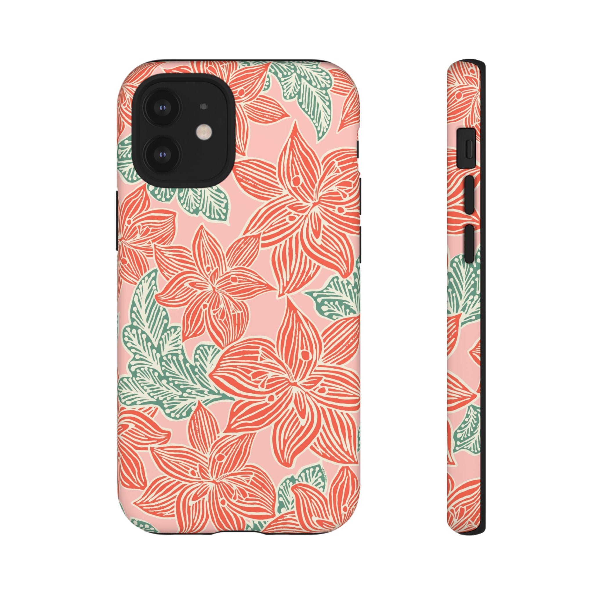 Hibiscus Coral iPhone 12 Mini Matte Case — blush pink hard case with large-scale coral red hibiscus flowers and teal-green leaves in a bold botanical linework print, densely layered across the surface