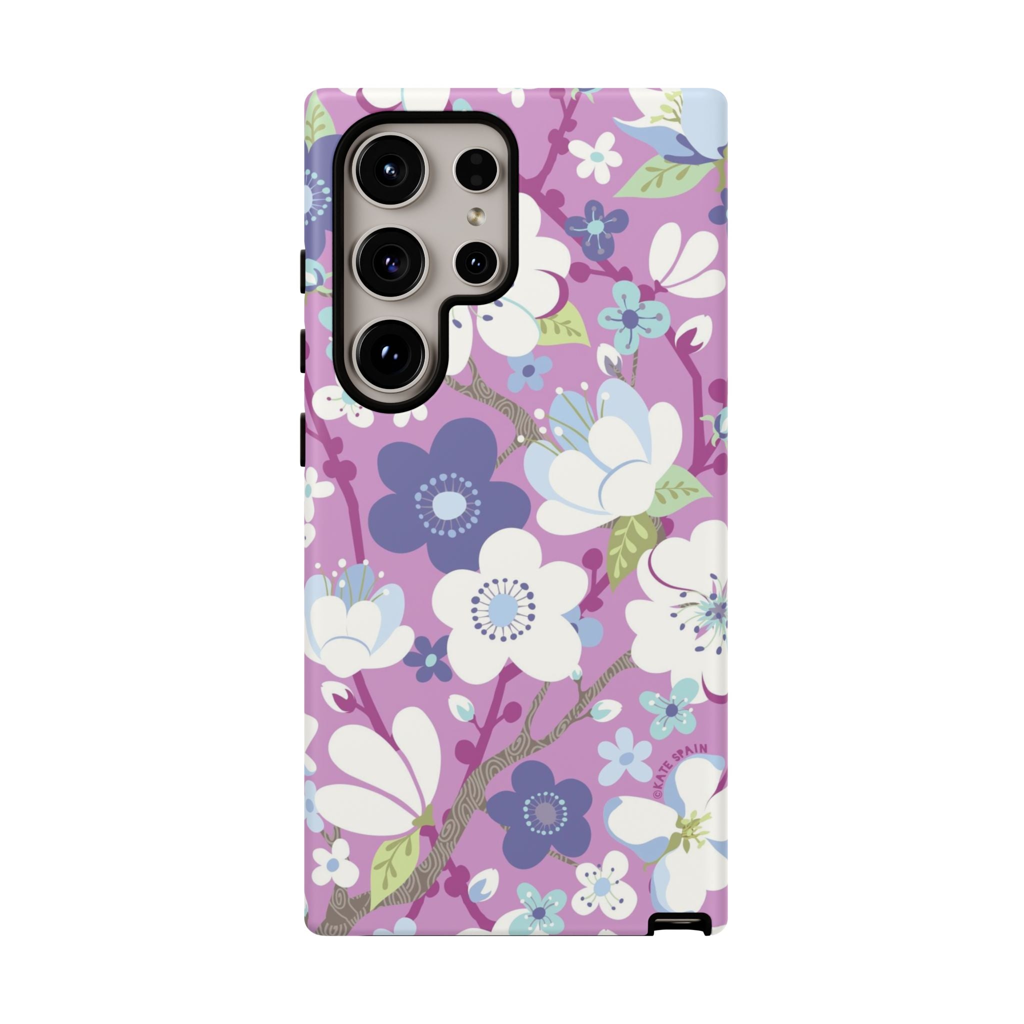 Cherry Blossom Samsung Galaxy S24 Ultra Case – Glossy | mauve, white, periwinkle cherry blossom floral print