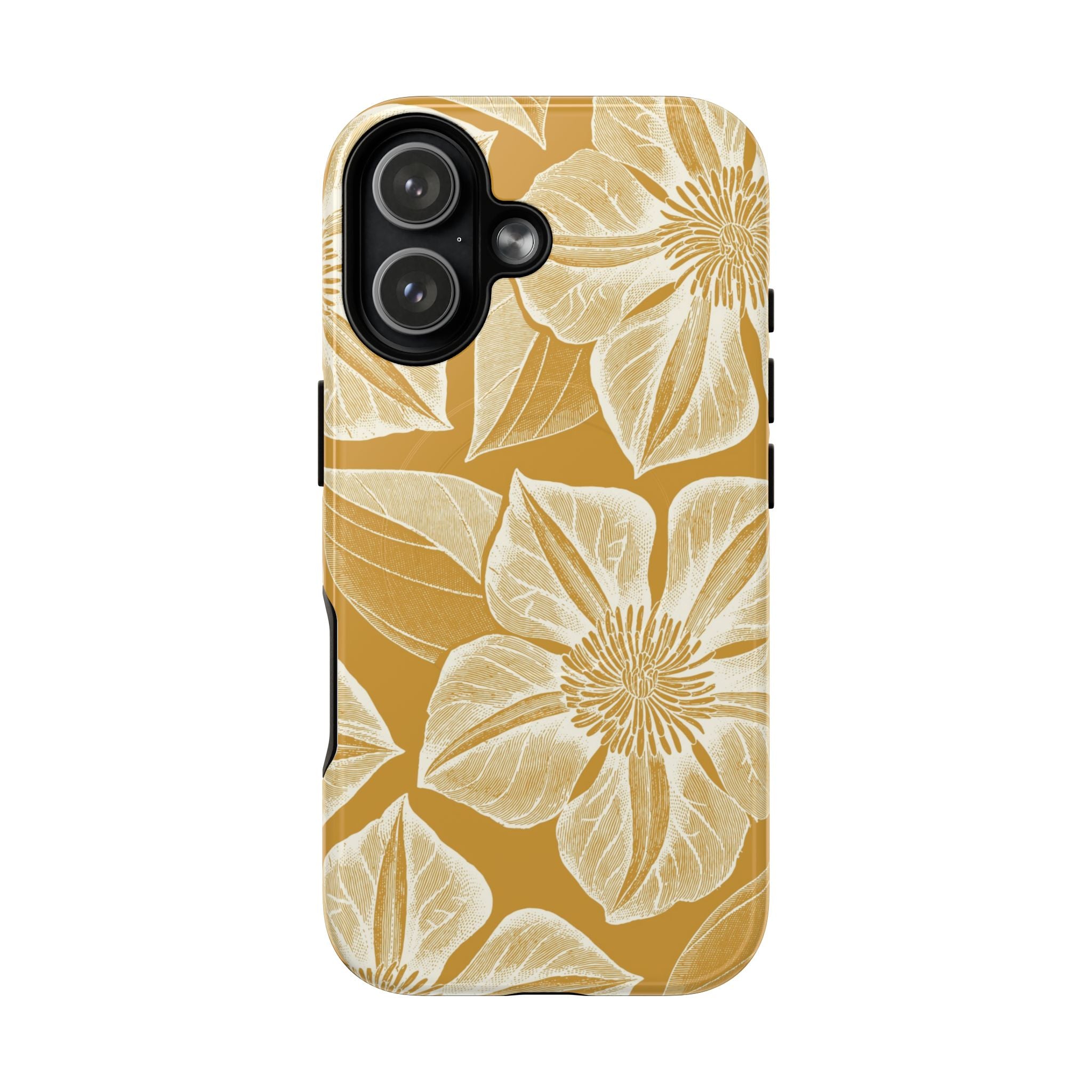 Vintage Bloom Gold MagSafe iPhone 17 Case – Glossy | warm gold ground, large-scale cream clematis print, engraved petal detail, dual-layer protection