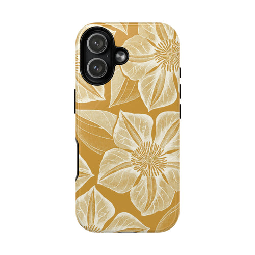 Vintage Bloom Gold MagSafe iPhone 17 Case – Glossy | warm gold ground, large-scale cream clematis print, engraved petal detail, dual-layer protection