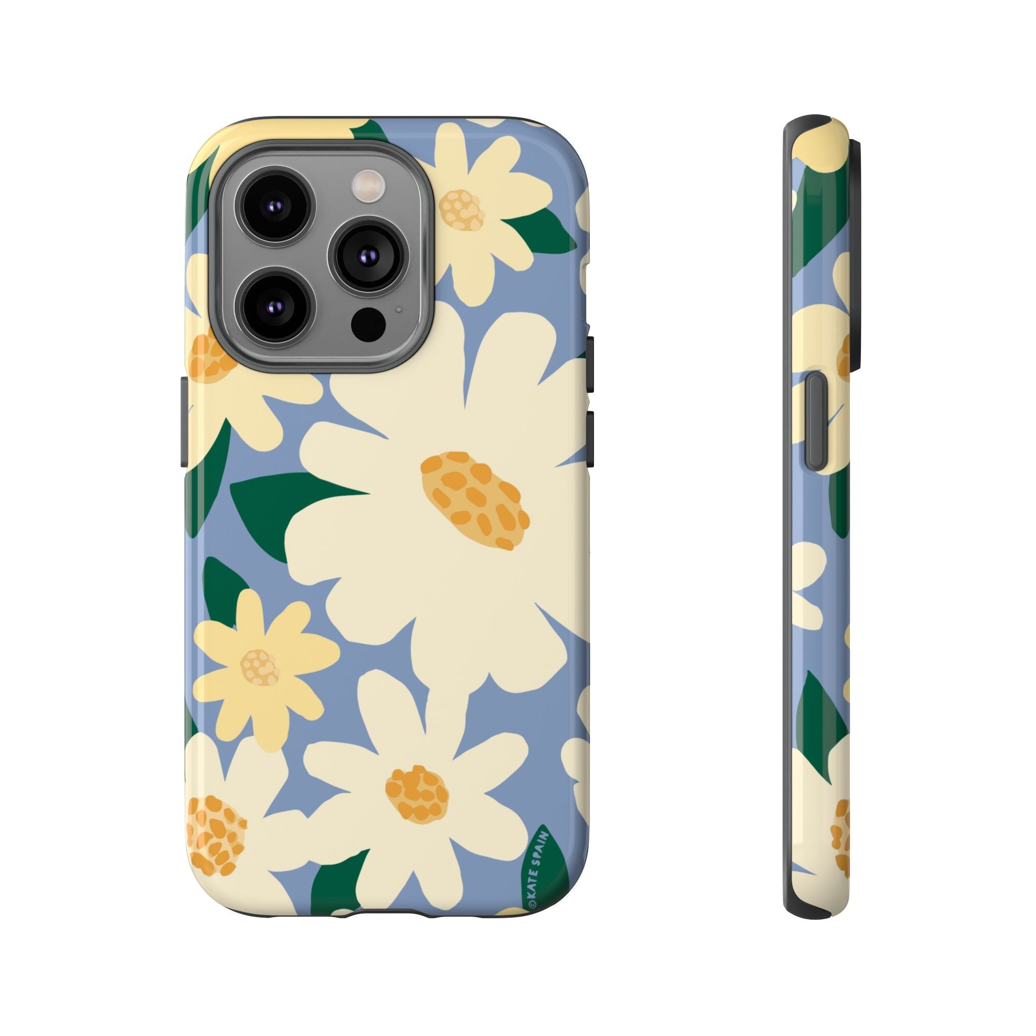 Chamomile Tough iPhone 14 Pro Case – Glossy | periwinkle, cream, yellow botanical daisy floral print