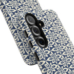 Lily Navy Blue Samsung Galaxy S25 Glossy case — side angled view showing camera cutout and buttons — graphic white lily on deep navy by Kate Spain