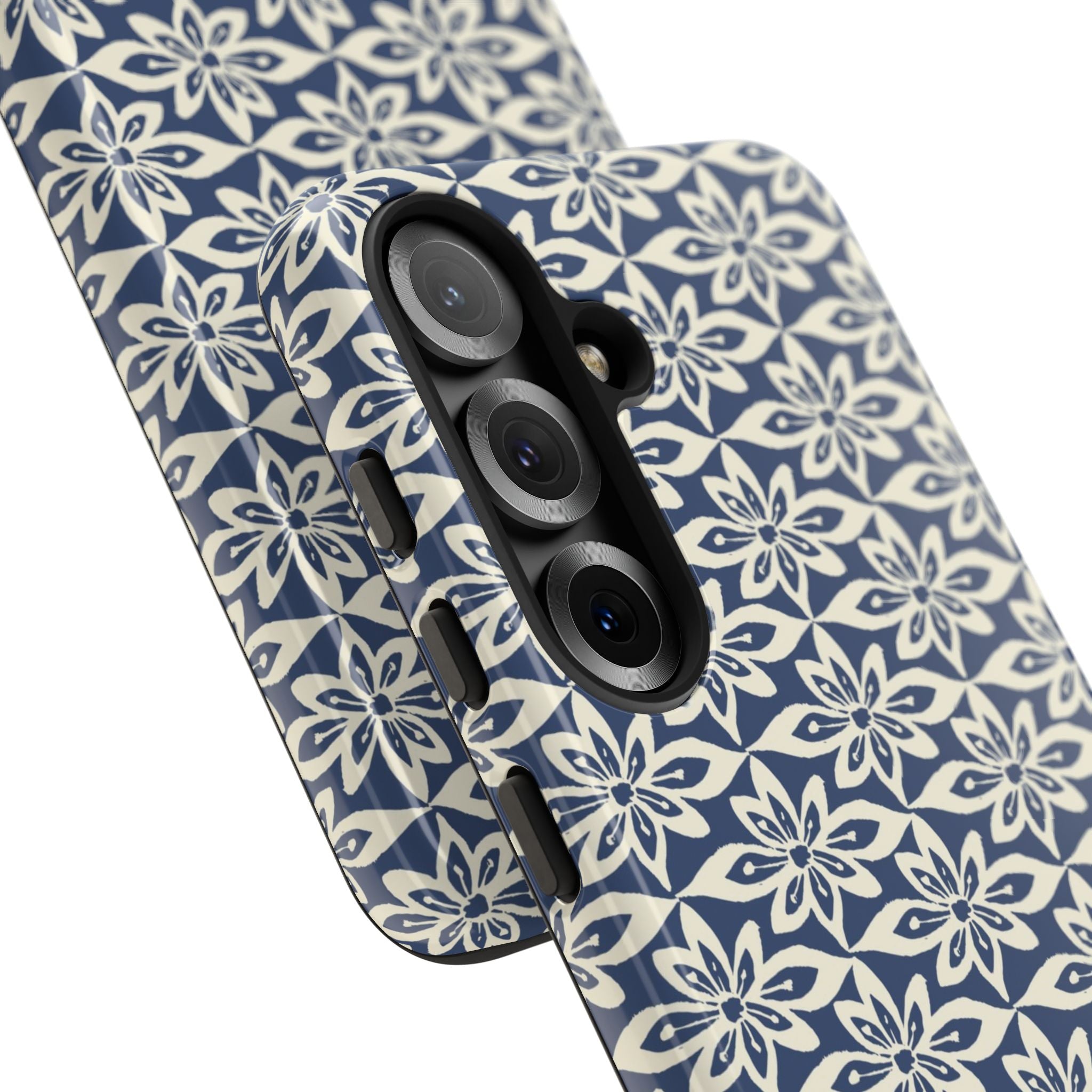 Lily Navy Blue Samsung Galaxy S25 Glossy case — side angled view showing camera cutout and buttons — graphic white lily on deep navy by Kate Spain