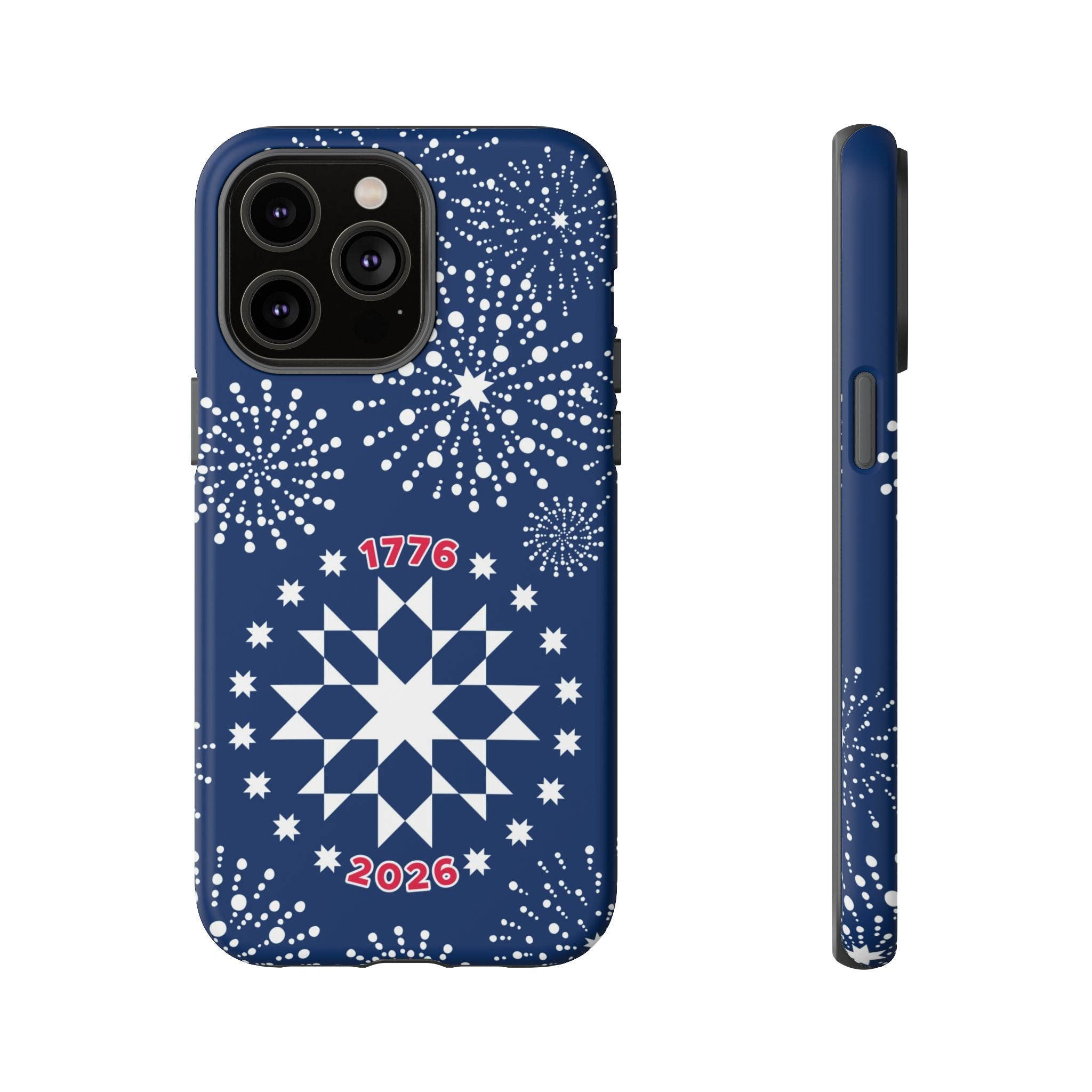 250th Fireworks Tough iPhone 14 Pro Max Case – Matte | navy, white patriotic star quilt fireworks print