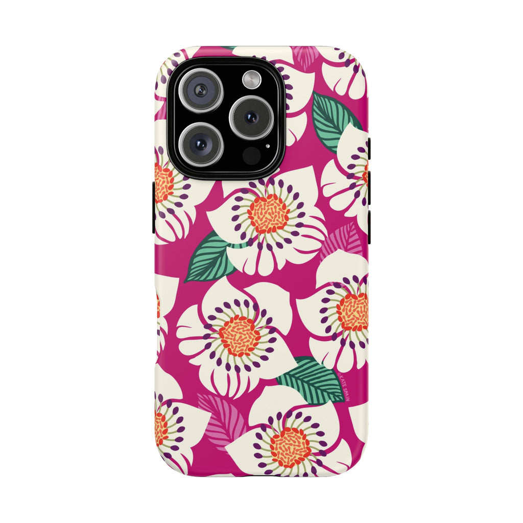 Panache Rose Tough iPhone 16 Pro Case – Glossy | berry, cream white, peach anemone floral print