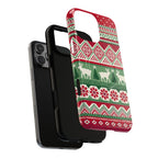 Telemark MagSafe iPhone 16 Pro Max Case – Dual-layered view of case and inner lining in front of phone, with view of camera cutout and buttons | red, green, and cream fair isle Christmas sweater print with snowflakes, reindeer, and trees