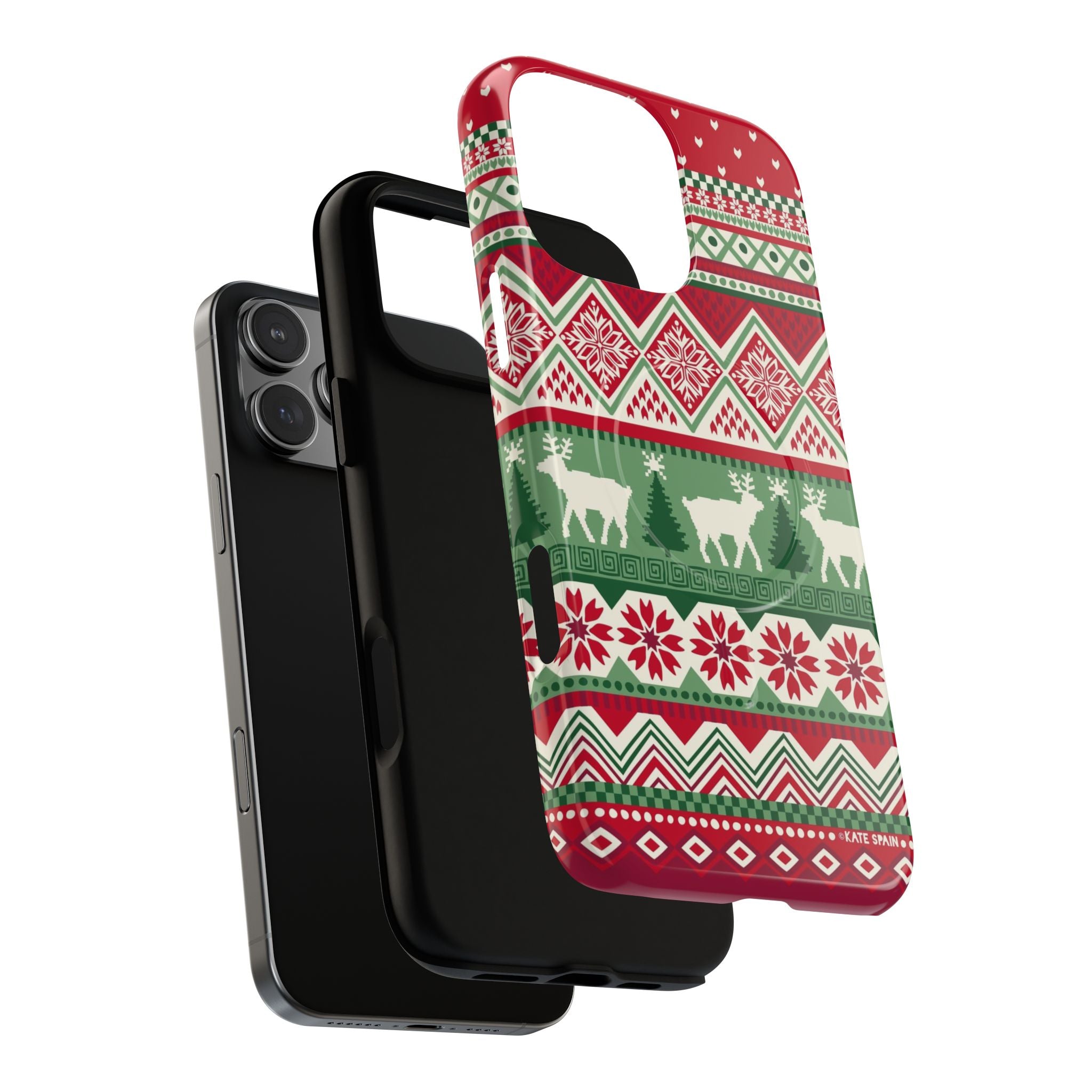 Telemark MagSafe iPhone 16 Pro Max Case – Dual-layered view of case and inner lining in front of phone, with view of camera cutout and buttons | red, green, and cream fair isle Christmas sweater print with snowflakes, reindeer, and trees