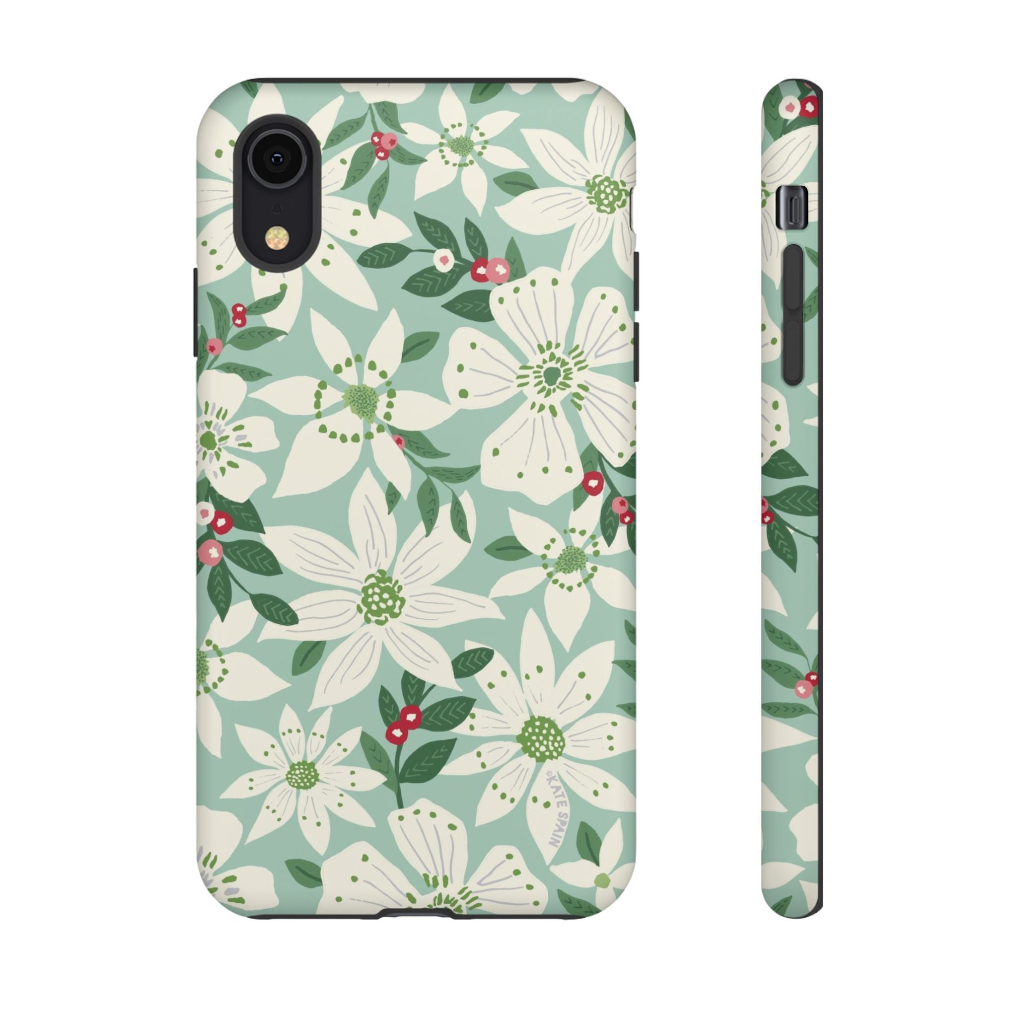 Gardenia Tough iPhone XR Case – Matte | light blue, white, green, red gardenia botanical print