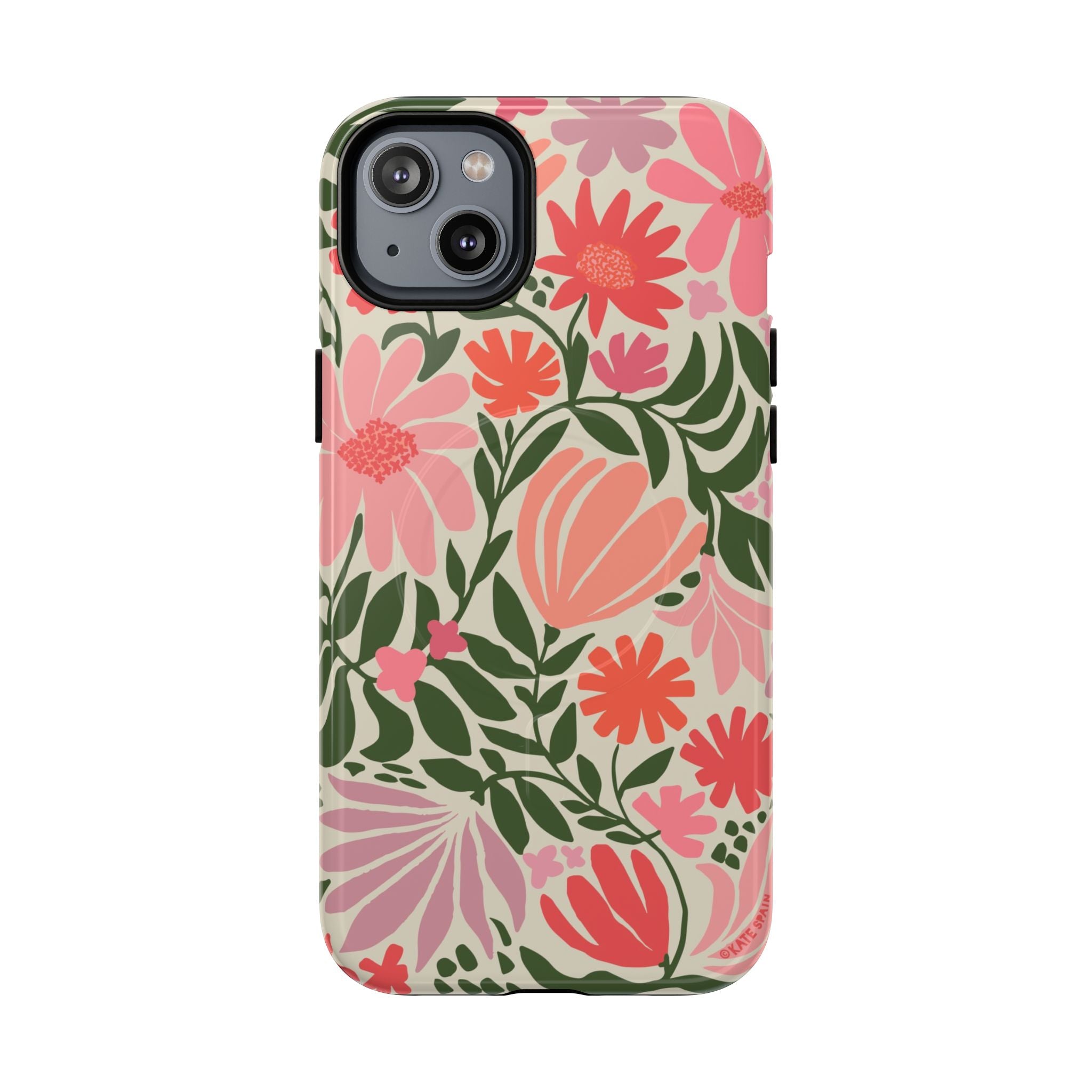 Botanica MagSafe iPhone 14 Plus Case – Glossy | coral, pink, sage green botanical wildflower print