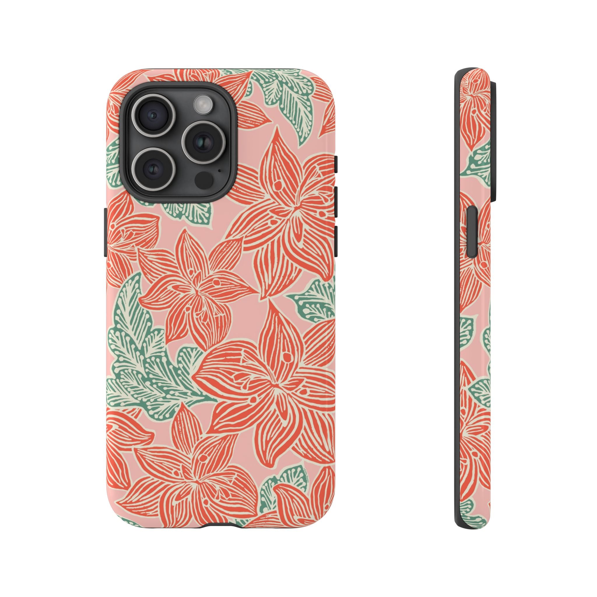 Hibiscus Coral iPhone 15 Pro Max Glossy Case — blush pink hard case with large-scale coral red hibiscus flowers and teal-green leaves in a bold botanical linework print, densely layered across the surface