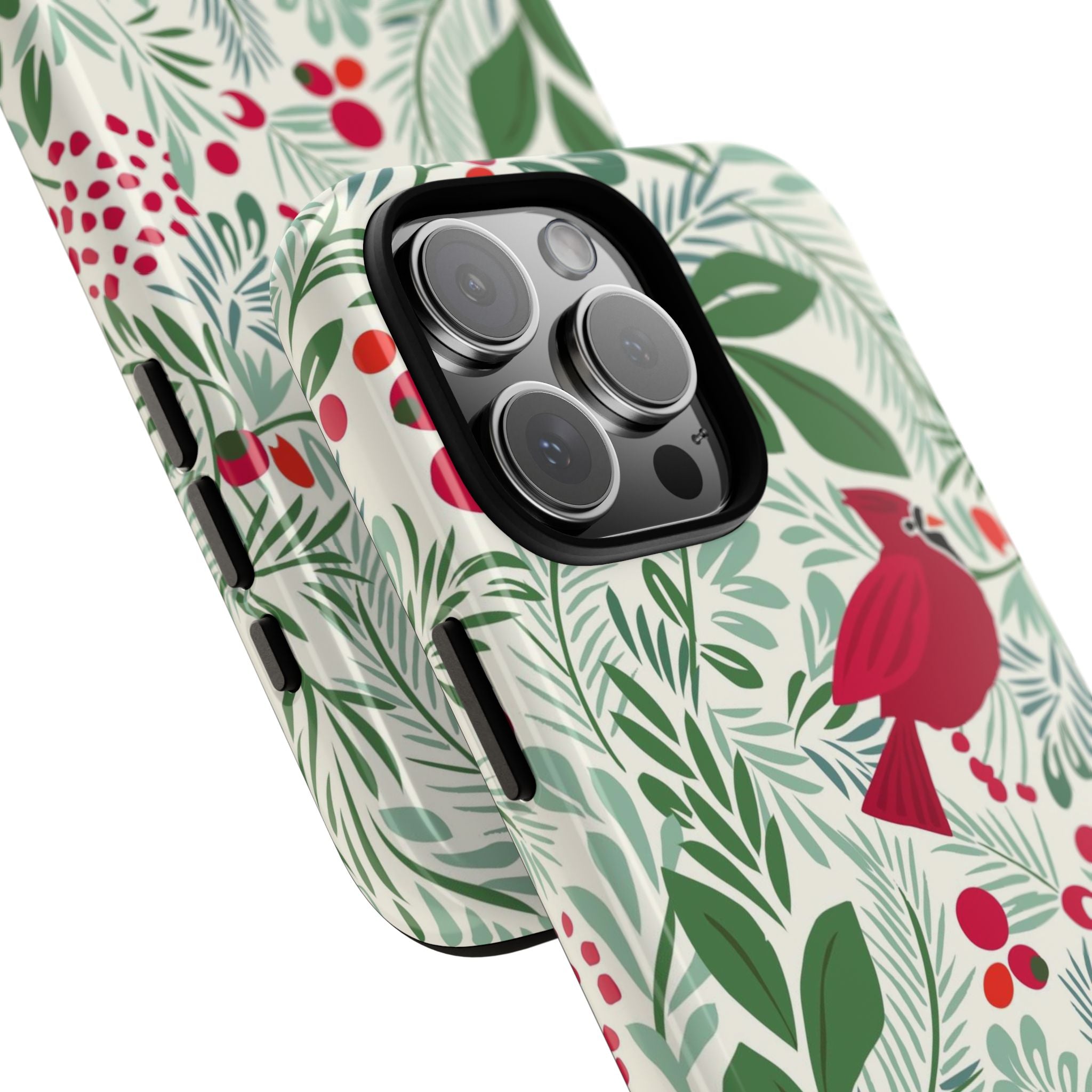 Birds and Berries Tough iPhone 16 Pro Max Case – lifestyle angled view | cream, red, green botanical cardinal berry print