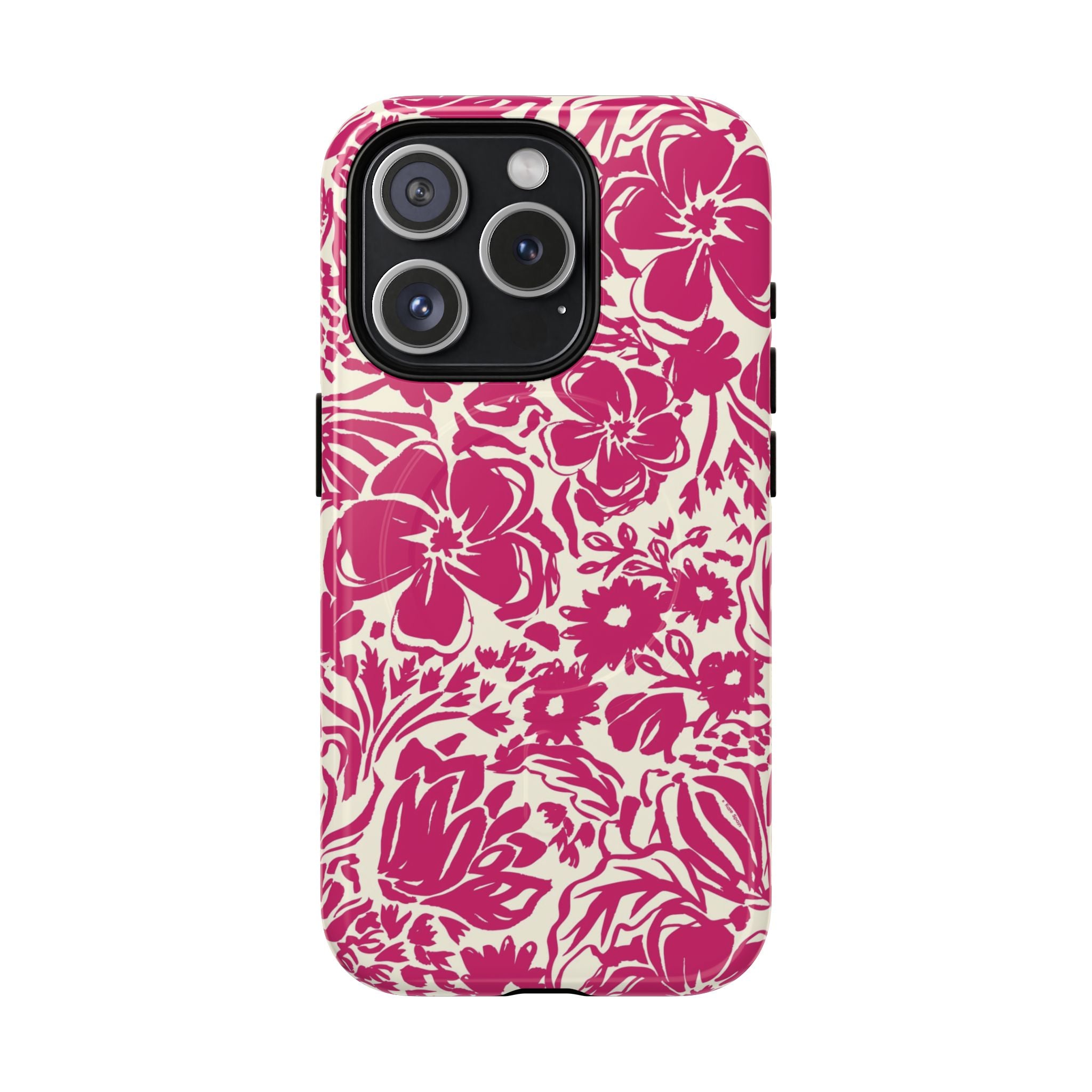 Rhapsody Bright Pink MagSafe iPhone 15 Pro Glossy case — bold magenta floral print on cream by Kate Spain