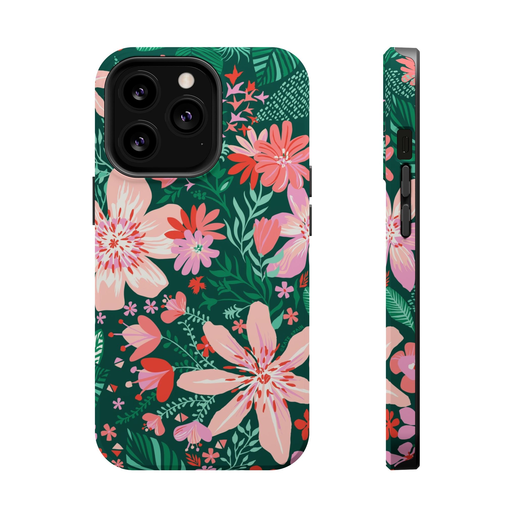 Bonaire MagSafe iPhone 13 Pro Case – Matte | forest green, blush, coral tropical floral print
