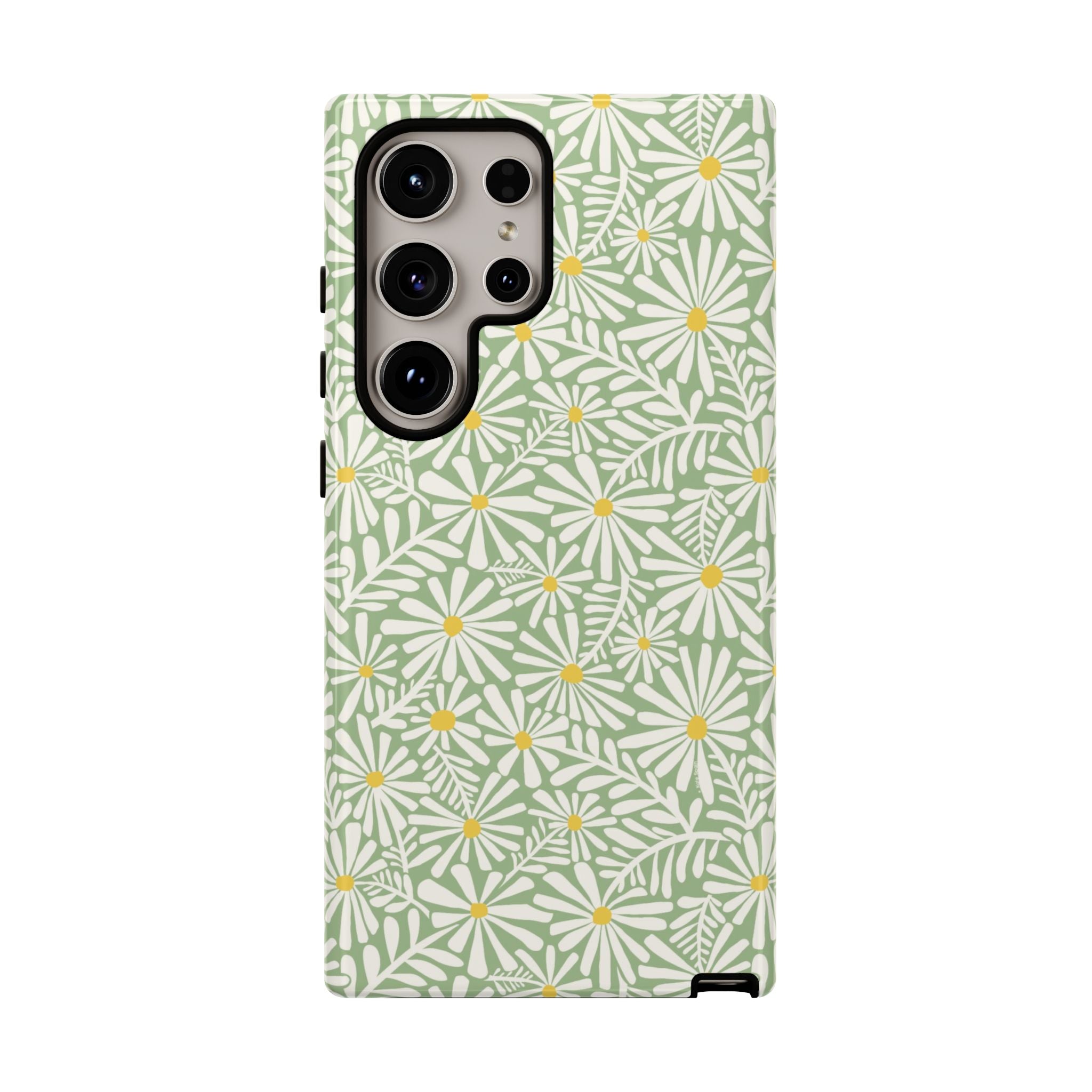 Montauk Daisy Meadow Green Samsung Galaxy S24 Ultra Glossy case — white daisy and fern print on sage green by Kate Spain