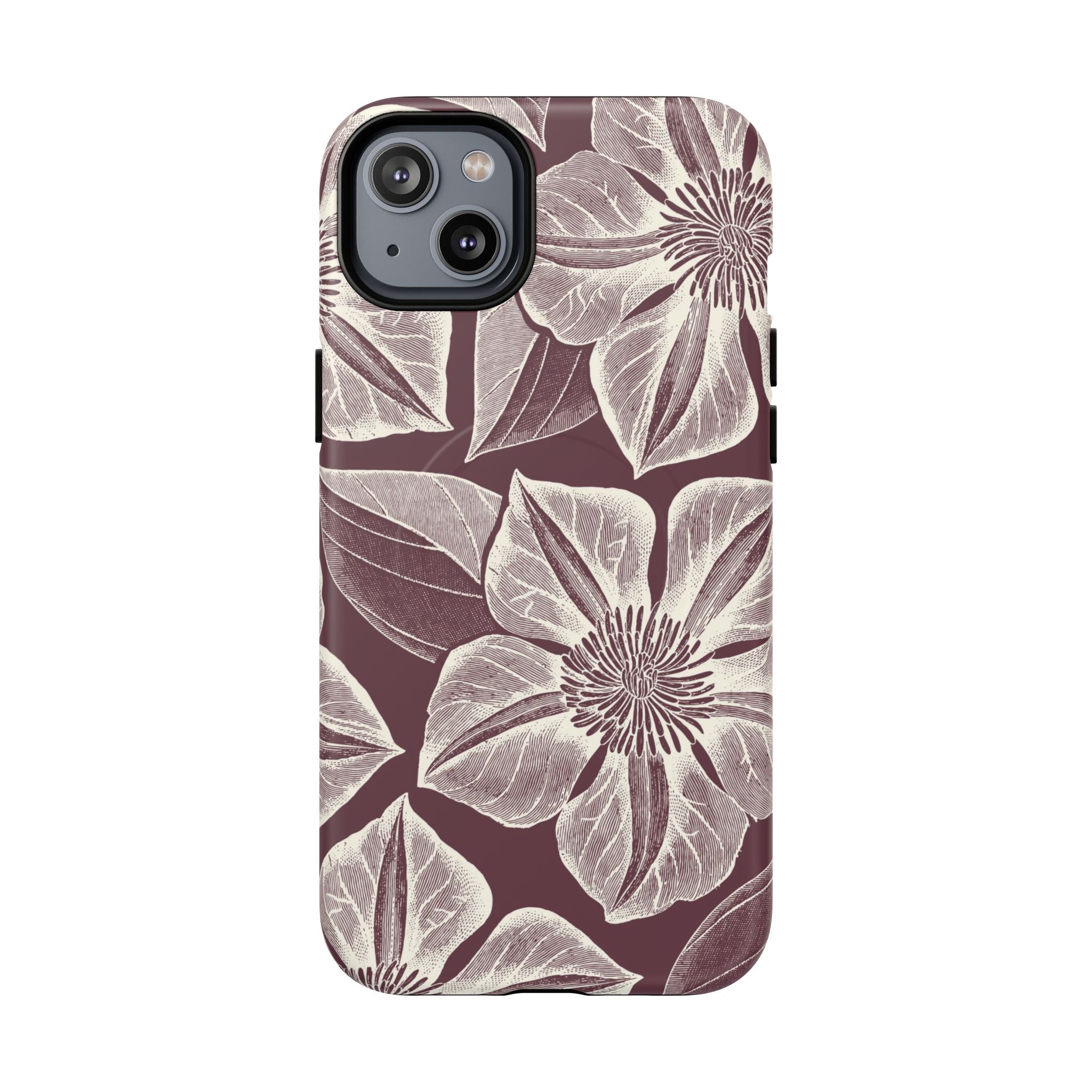 Vintage Bloom Burgundy MagSafe iPhone 14 Plus Case – Glossy | burgundy ground, large-scale cream clematis print, engraved petal detail, dual-layer protection