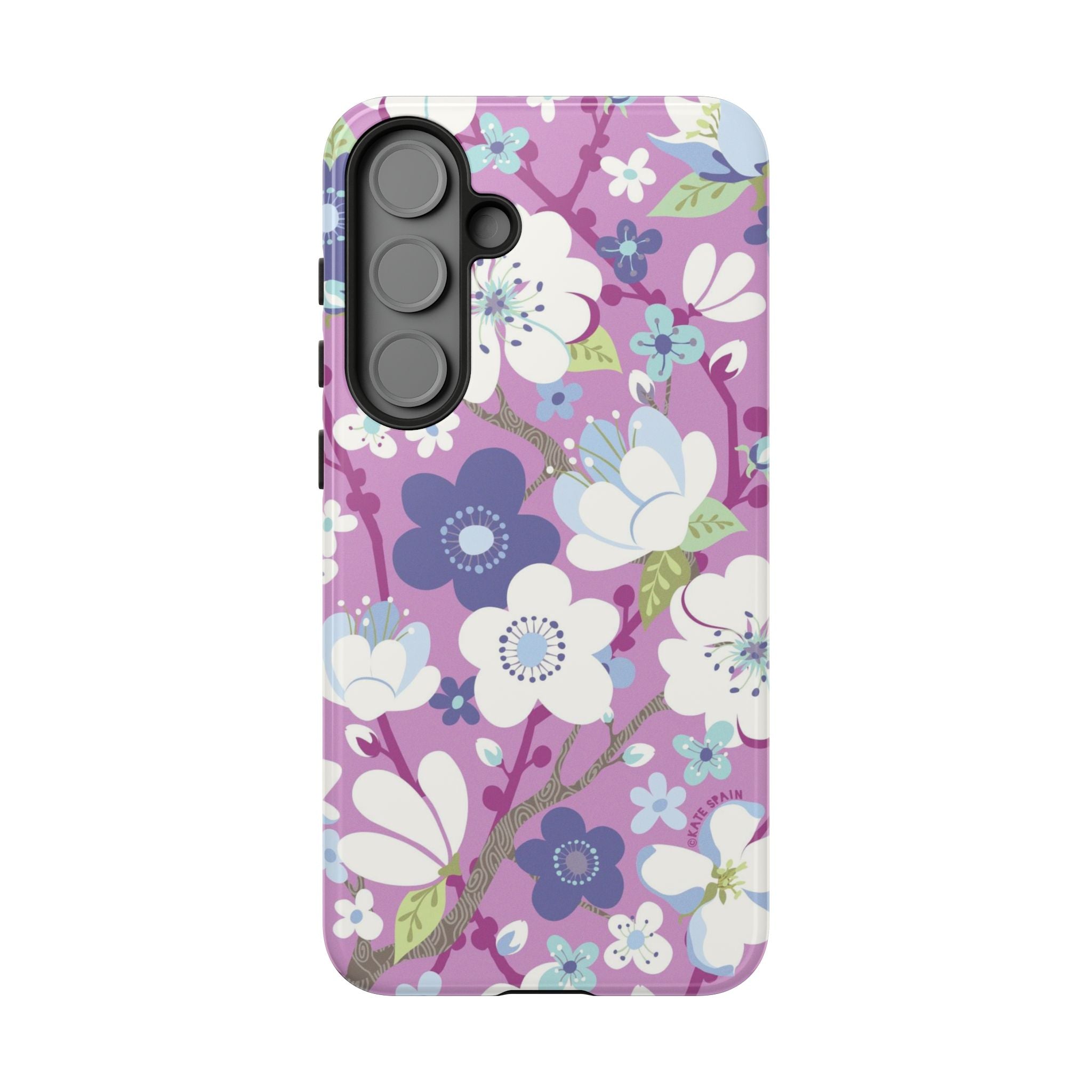 Cherry Blossom Samsung Galaxy S25 Plus Case – Glossy | mauve, white, periwinkle cherry blossom floral print
