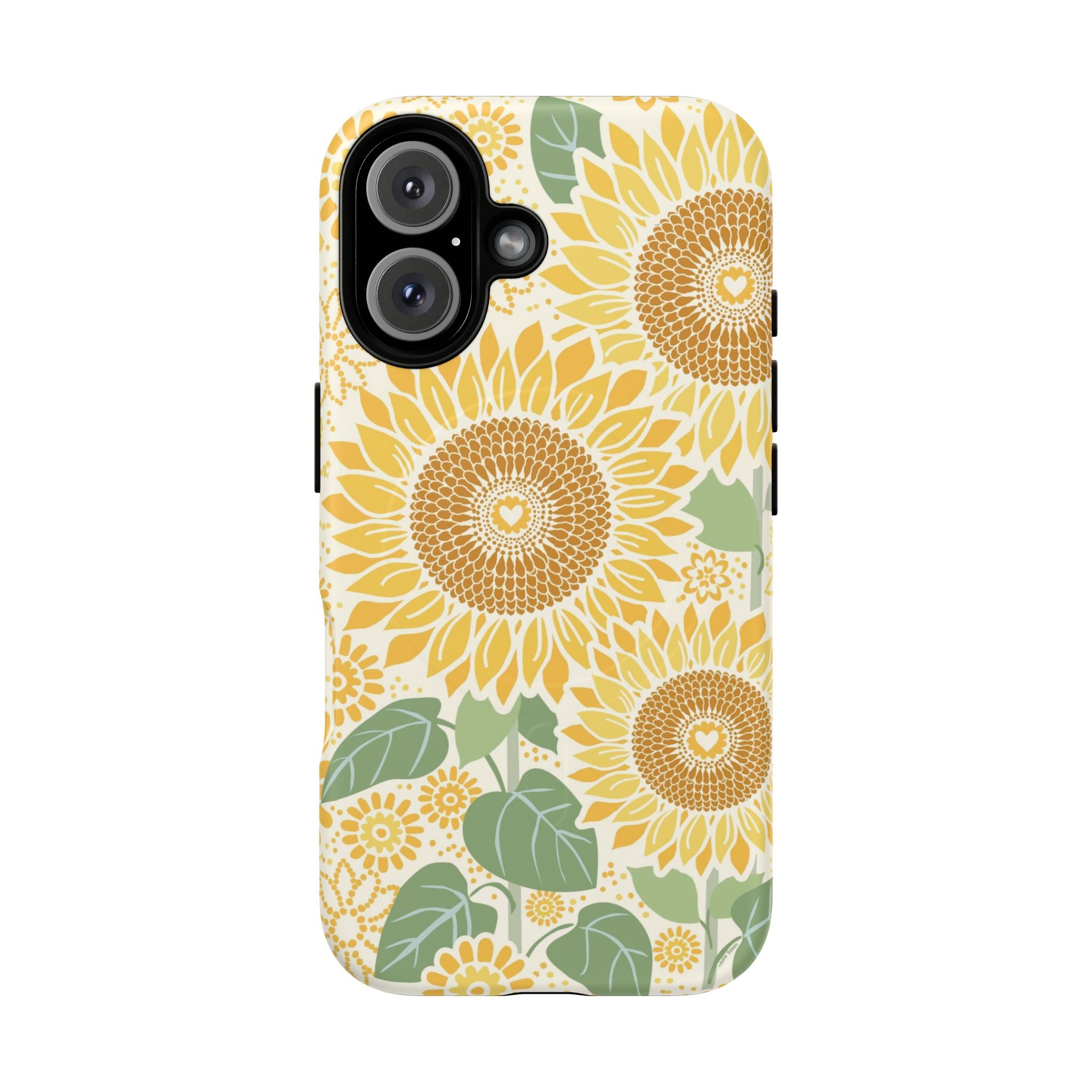 Sunny Sunflower MagSafe iPhone 16 – Matte | cream ground, large-scale yellow sunflower print, golden seed detail with heart centers, dual-layer protection