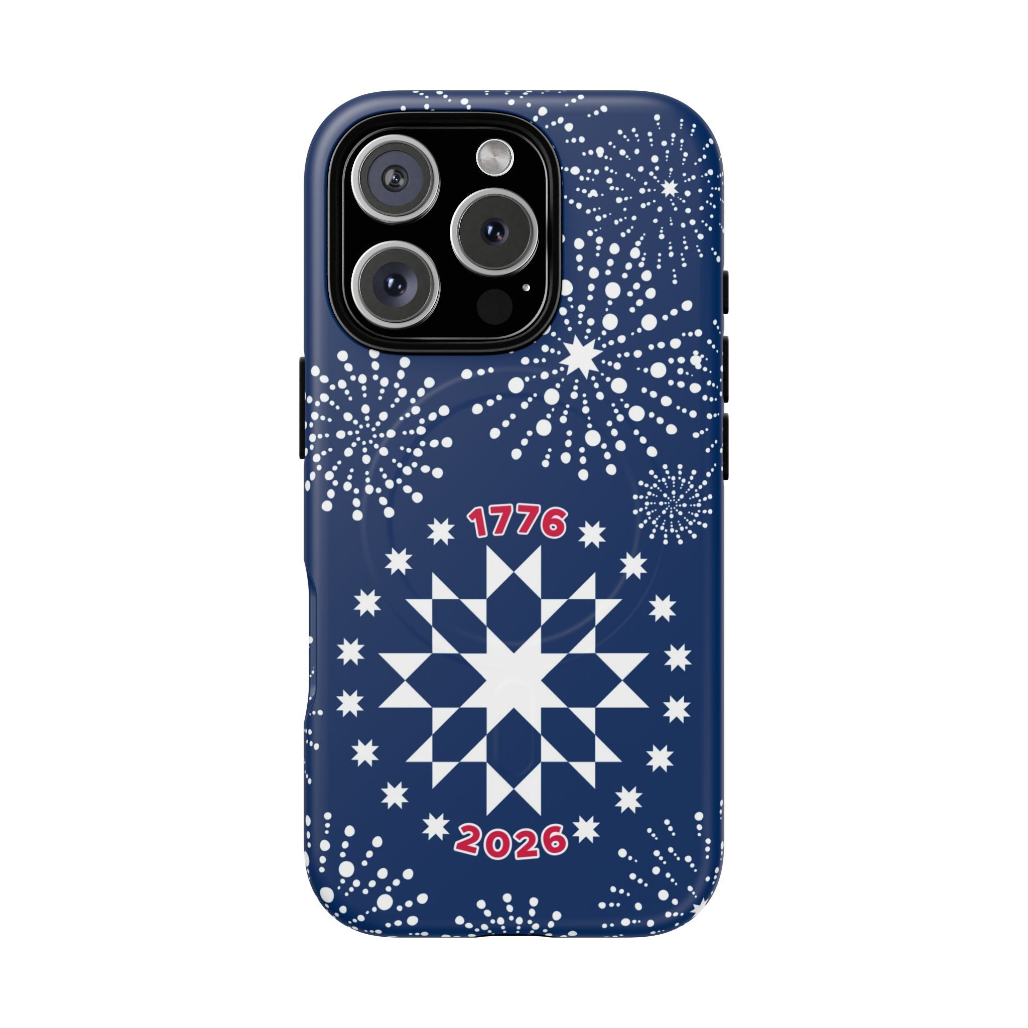 250th Fireworks MagSafe iPhone 16 Pro Case – Matte | navy, white patriotic star quilt fireworks print