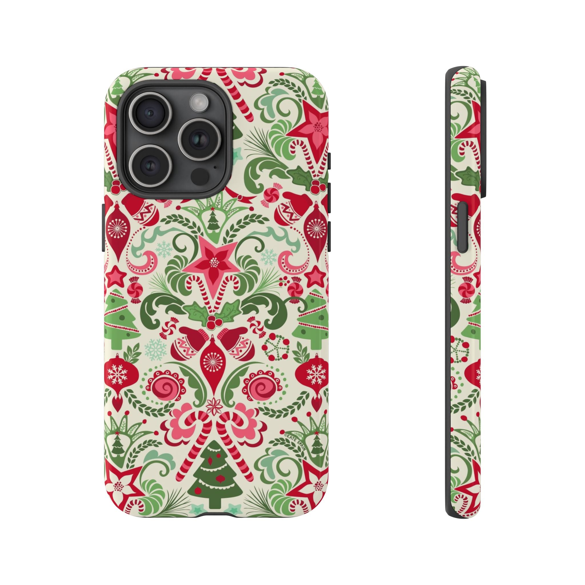 Wonderland Tough iPhone 15 Pro Max Case – Glossy | cream, red, green Christmas ornament damask print