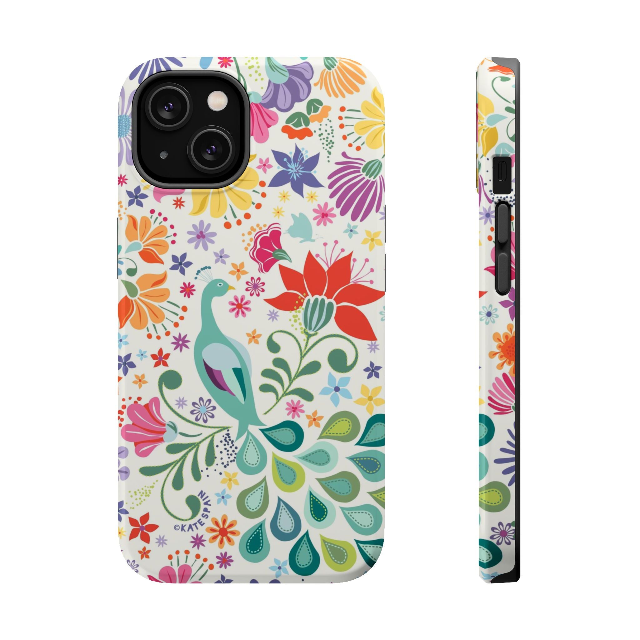 Peacock Sanctuary MagSafe iPhone 14 Case – Glossy | ivory, teal, navy peacock botanical print MagSafe compatible, dual-layer protection