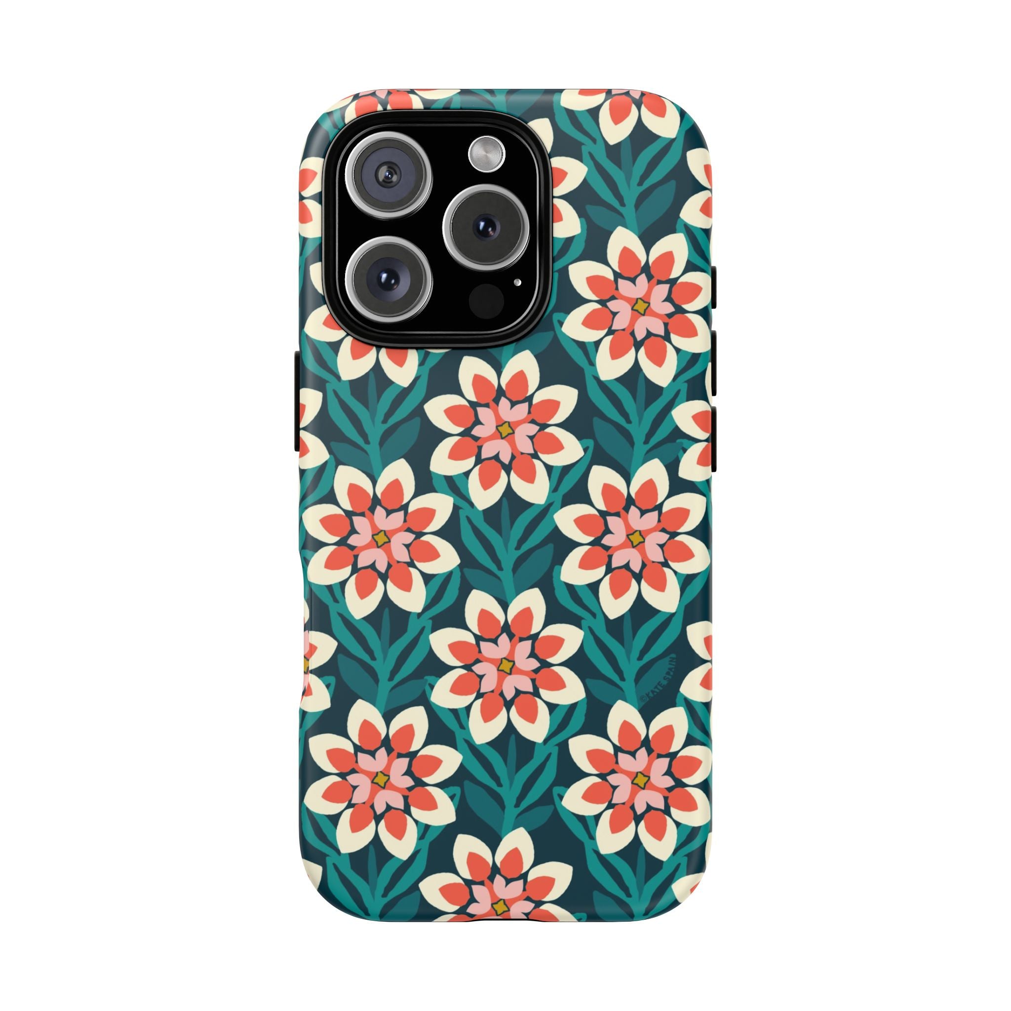 Modern Dahlia Tough iPhone 16 Pro Case – Matte | teal, coral, cream geometric dahlia floral print